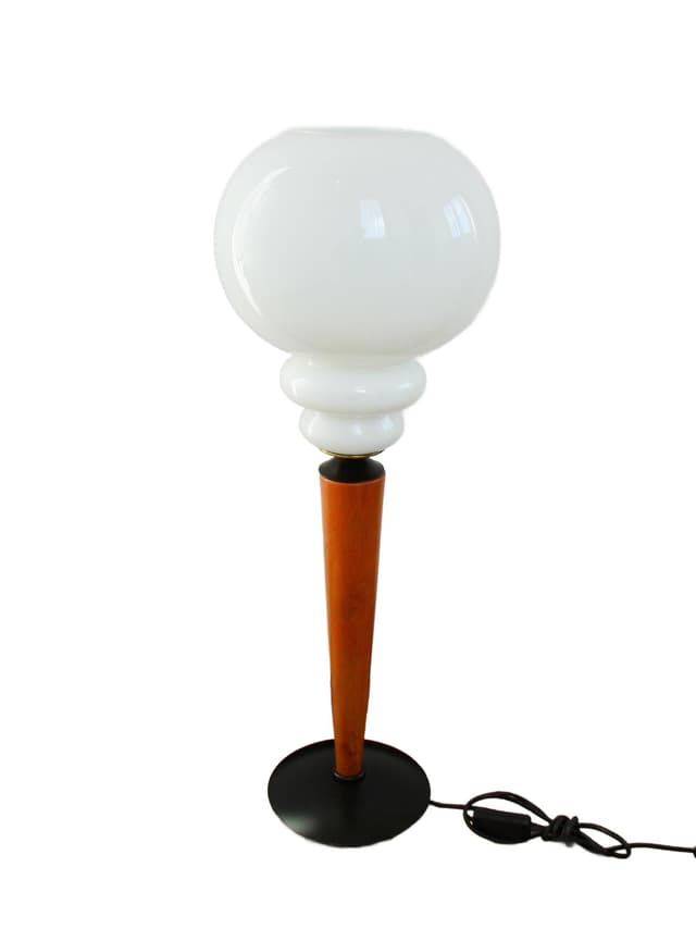 Lampa stołowa modern, szkło białe, drewno, metal, lata 70. - WYMIARY