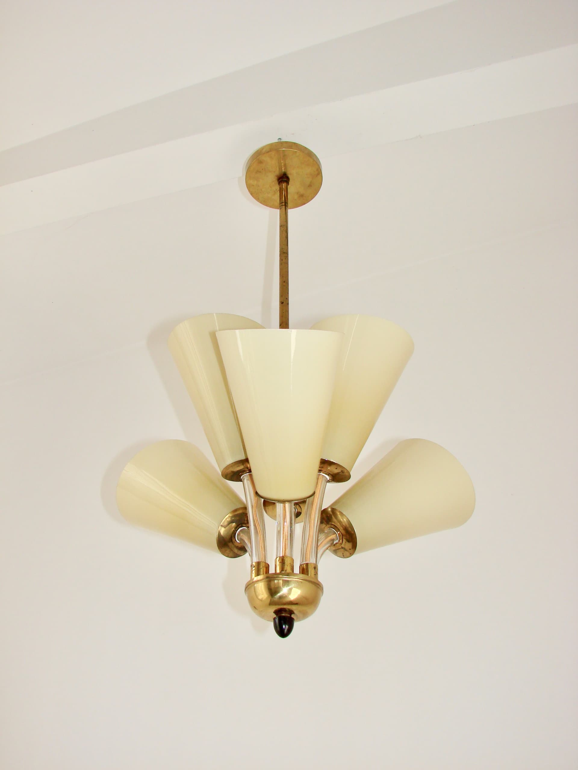 Lampa wisząca, Lustry Kamenický Šenov, szkło żółty, mosiądz, Czechosłowacja, lata 50. - 228349