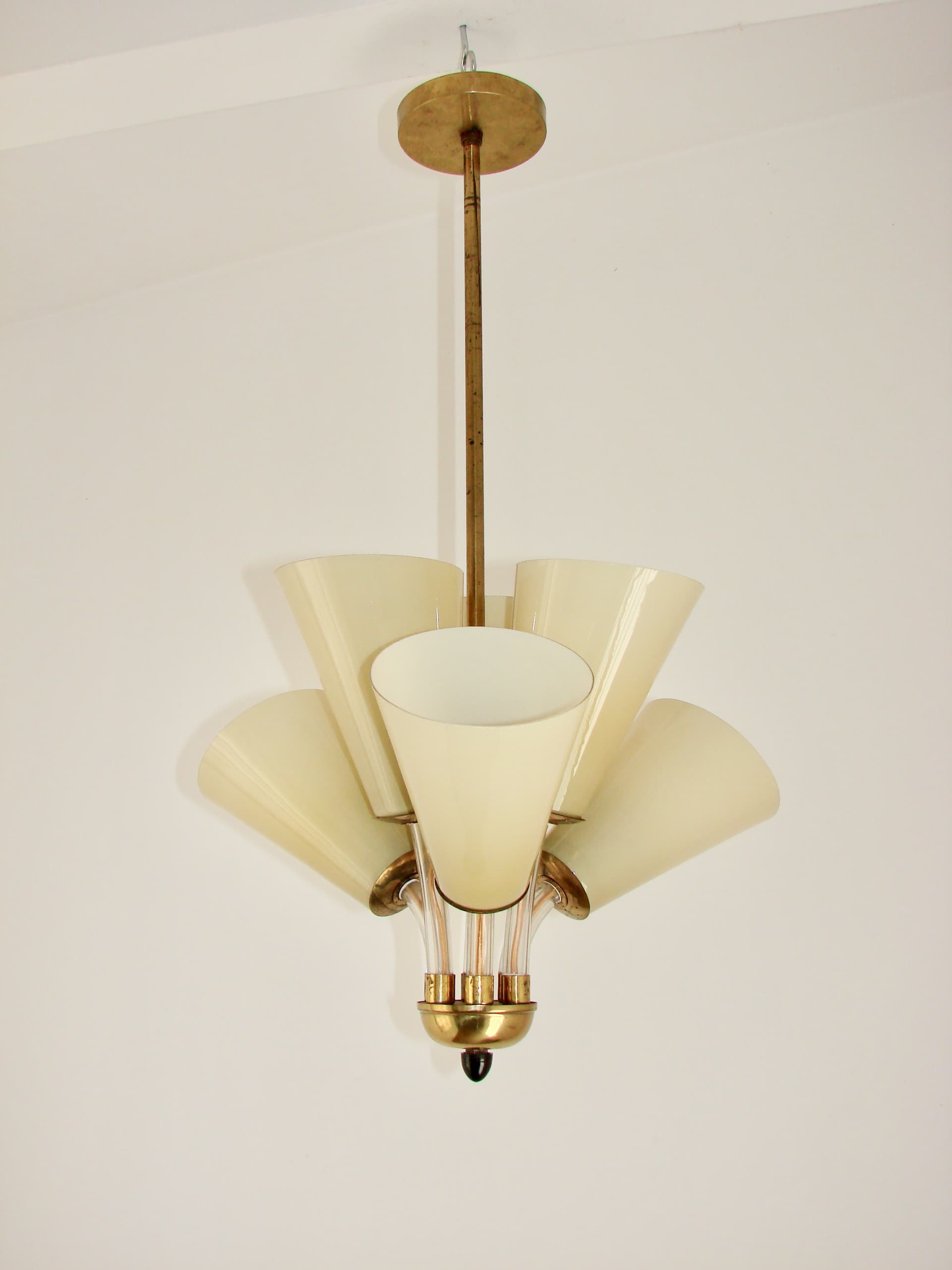 Lampa wisząca, Lustry Kamenický Šenov, szkło żółty, mosiądz, Czechosłowacja, lata 50. - 228351