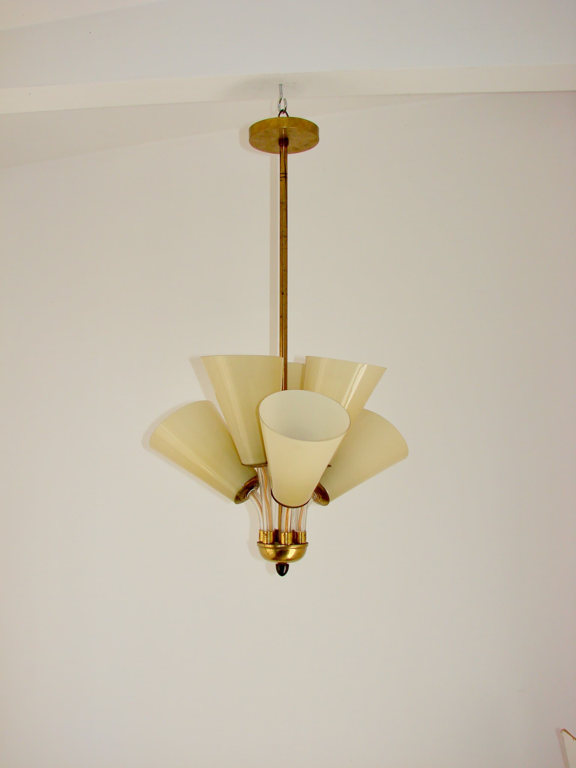 Lampa wisząca, Lustry Kamenický Šenov, szkło żółty, mosiądz, Czechosłowacja, lata 50. - 228346