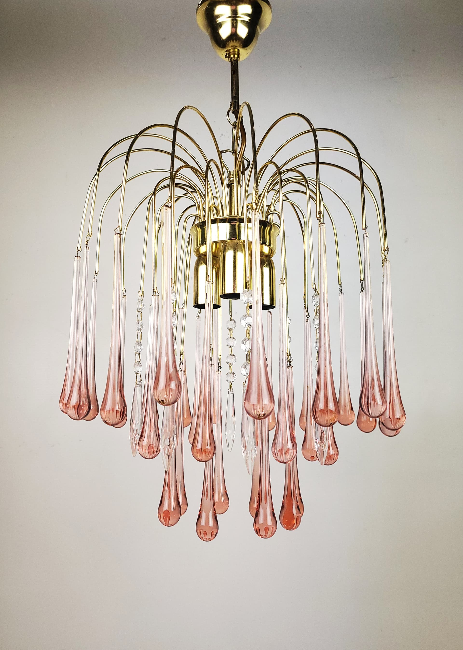 Żyrandol, szkło różowy, proj. P. Venini, Włochy, lata 70. - 228544