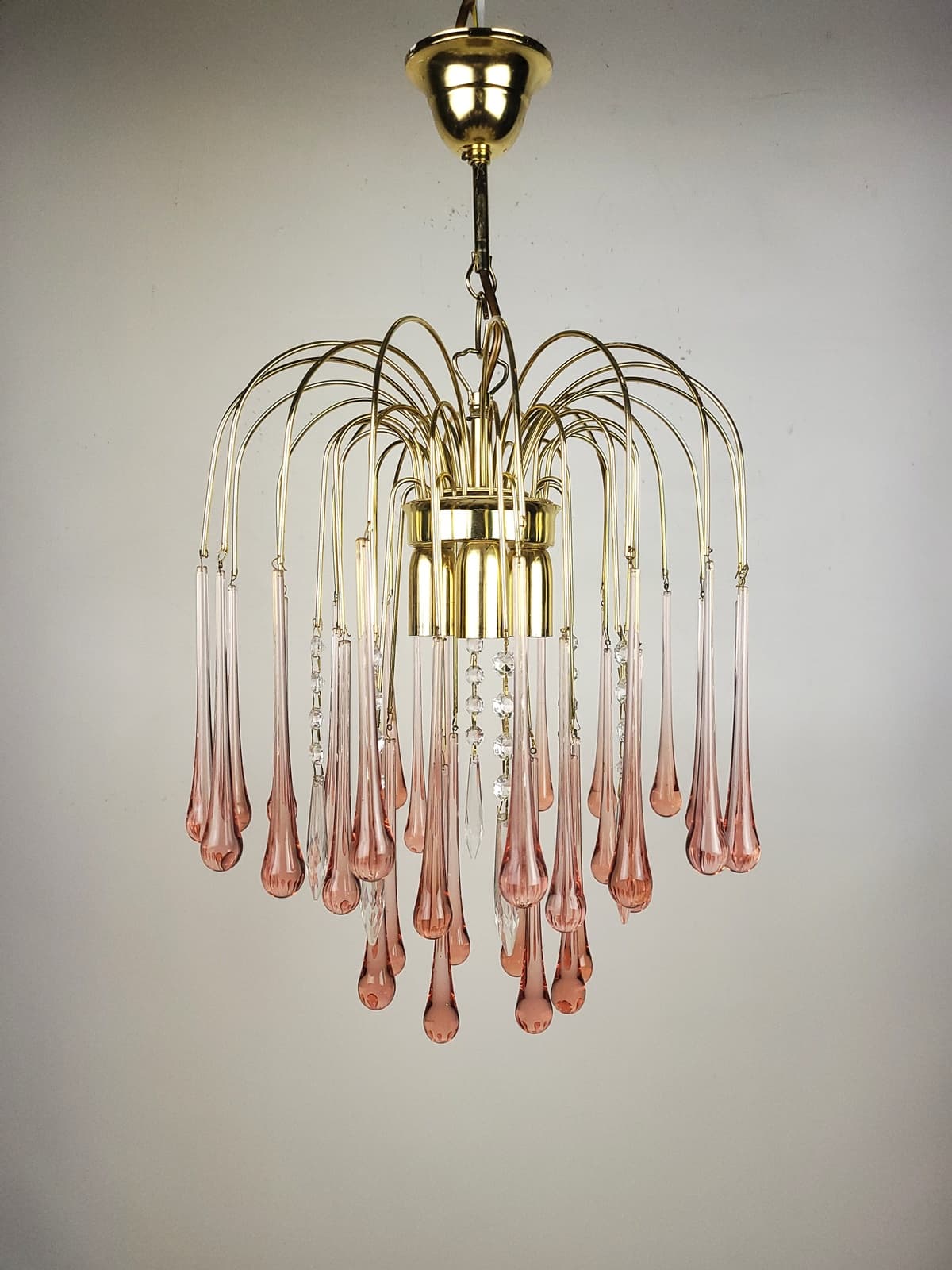 Żyrandol, szkło różowy, proj. P. Venini, Włochy, lata 70. - 228543