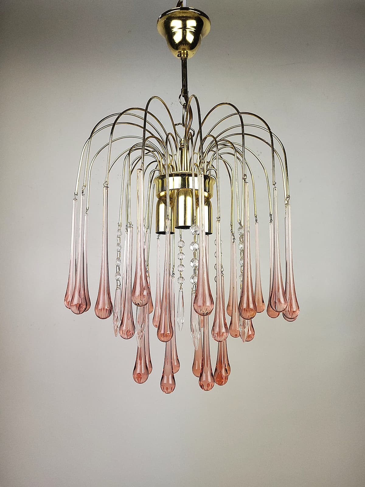 Żyrandol, szkło różowy, proj. P. Venini, Włochy, lata 70. - 228541