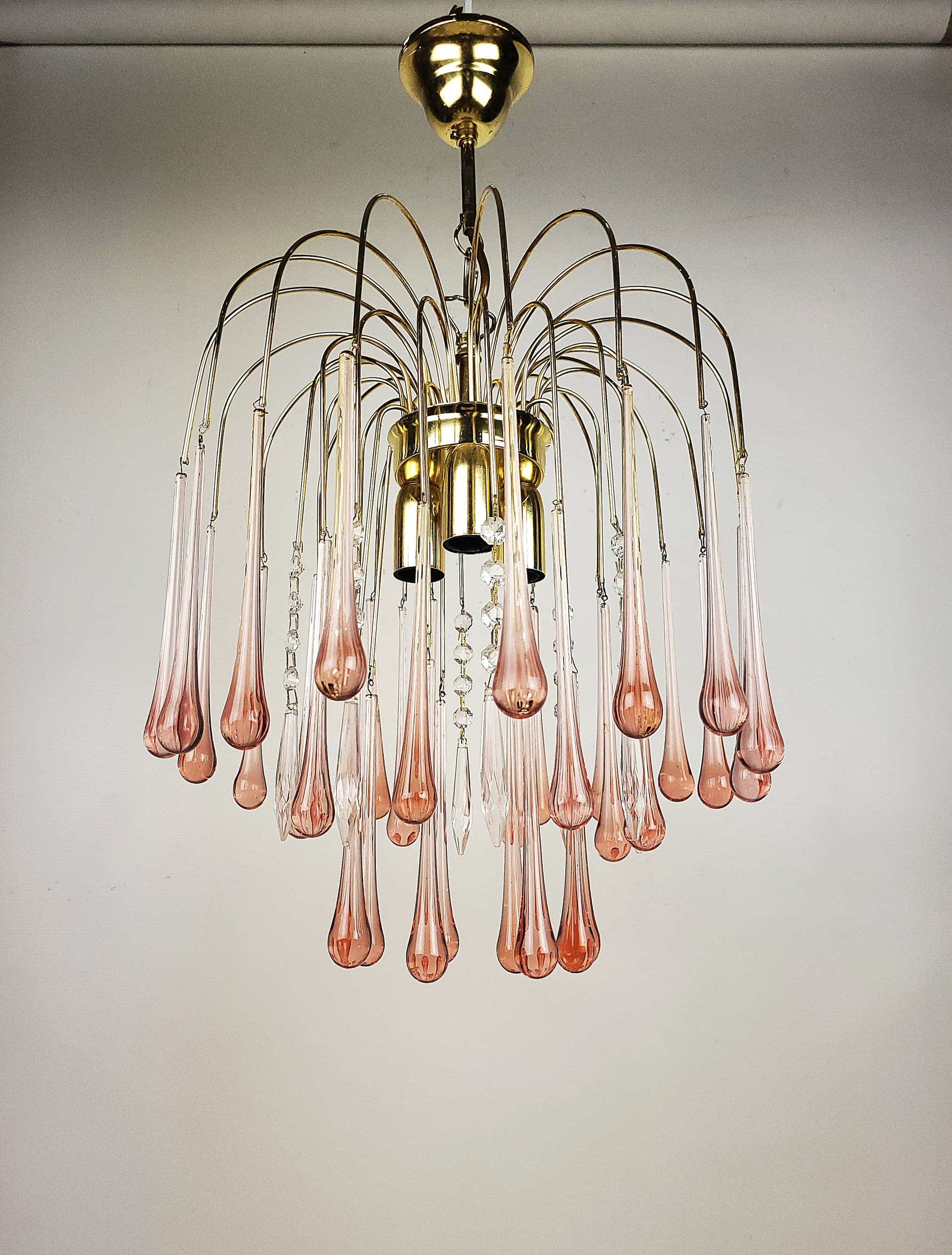 Żyrandol, szkło różowy, proj. P. Venini, Włochy, lata 70. - 228547