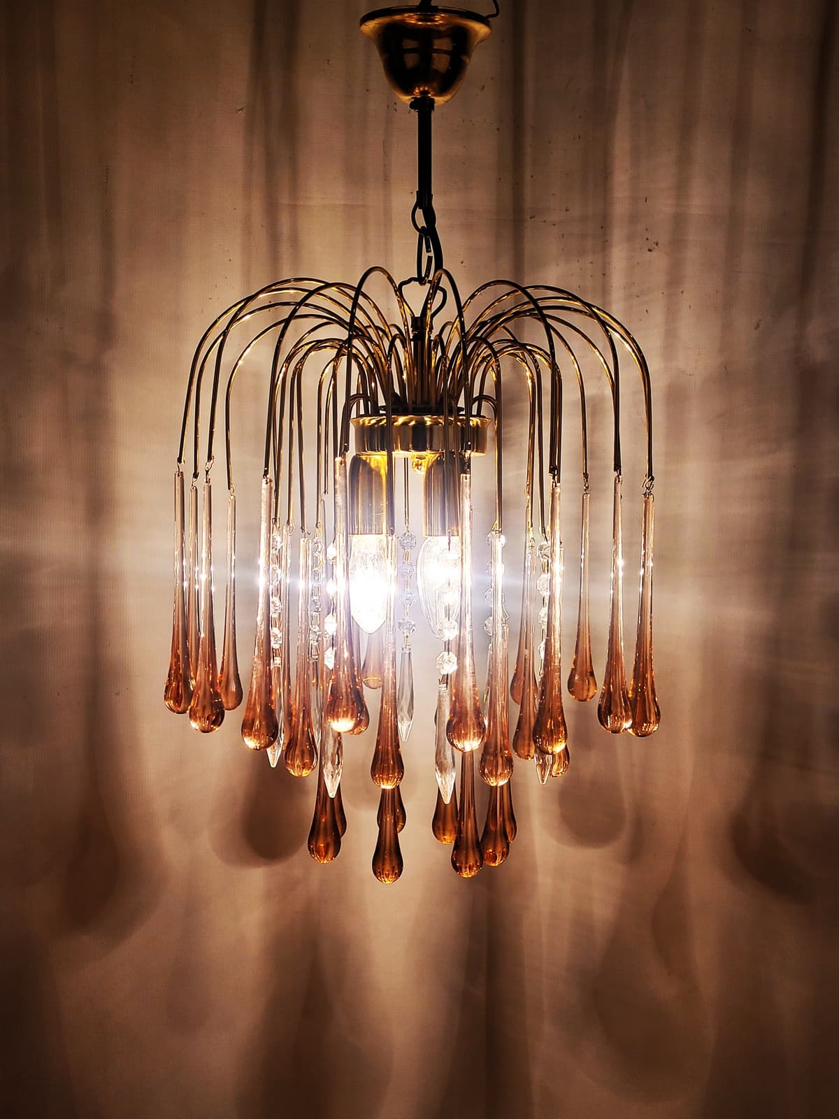 Żyrandol, szkło różowy, proj. P. Venini, Włochy, lata 70. - 228542