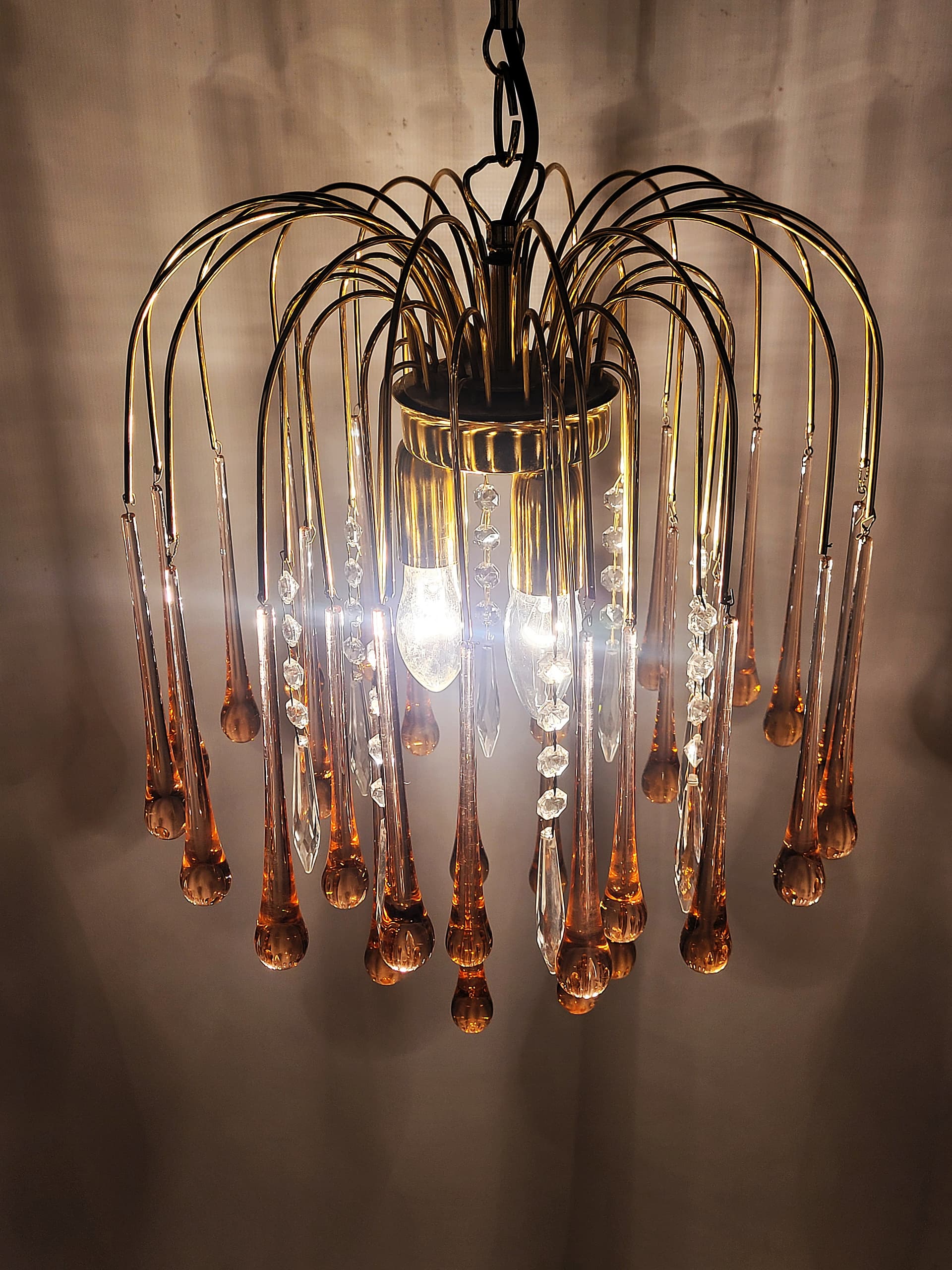 Żyrandol, szkło różowy, proj. P. Venini, Włochy, lata 70. - 228546