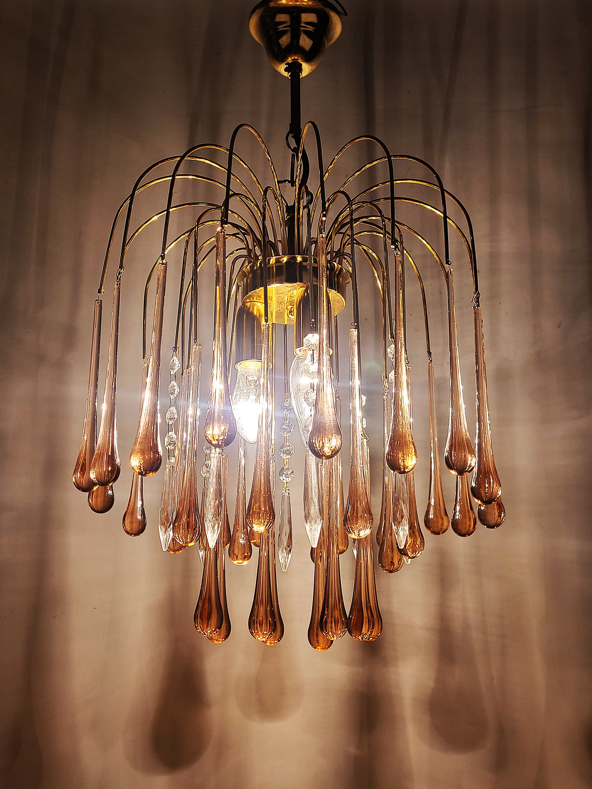 Żyrandol, szkło różowy, proj. P. Venini, Włochy, lata 70. - 228545