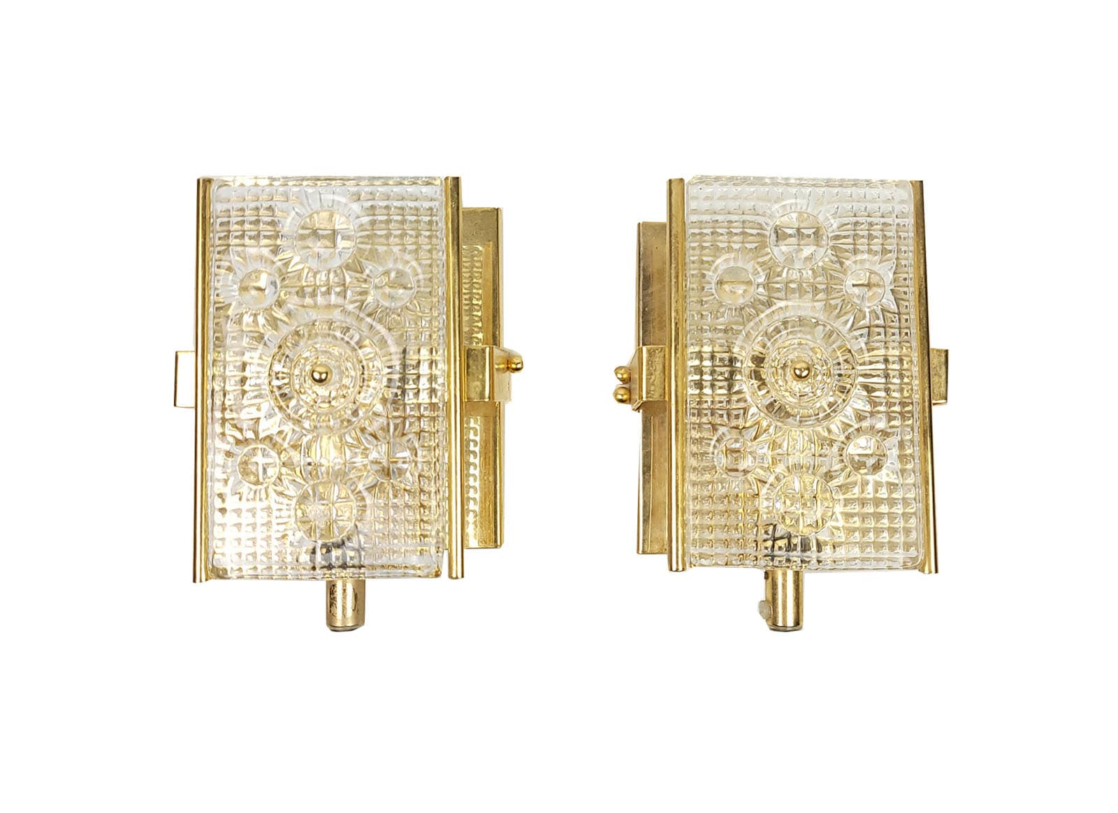 Para kinkietów MPR 90-493, szkło kryształowe przezroczyste, mosiądz złoty, proj. C. Fagerlund, Orrefors, Szwecja, lata 60.