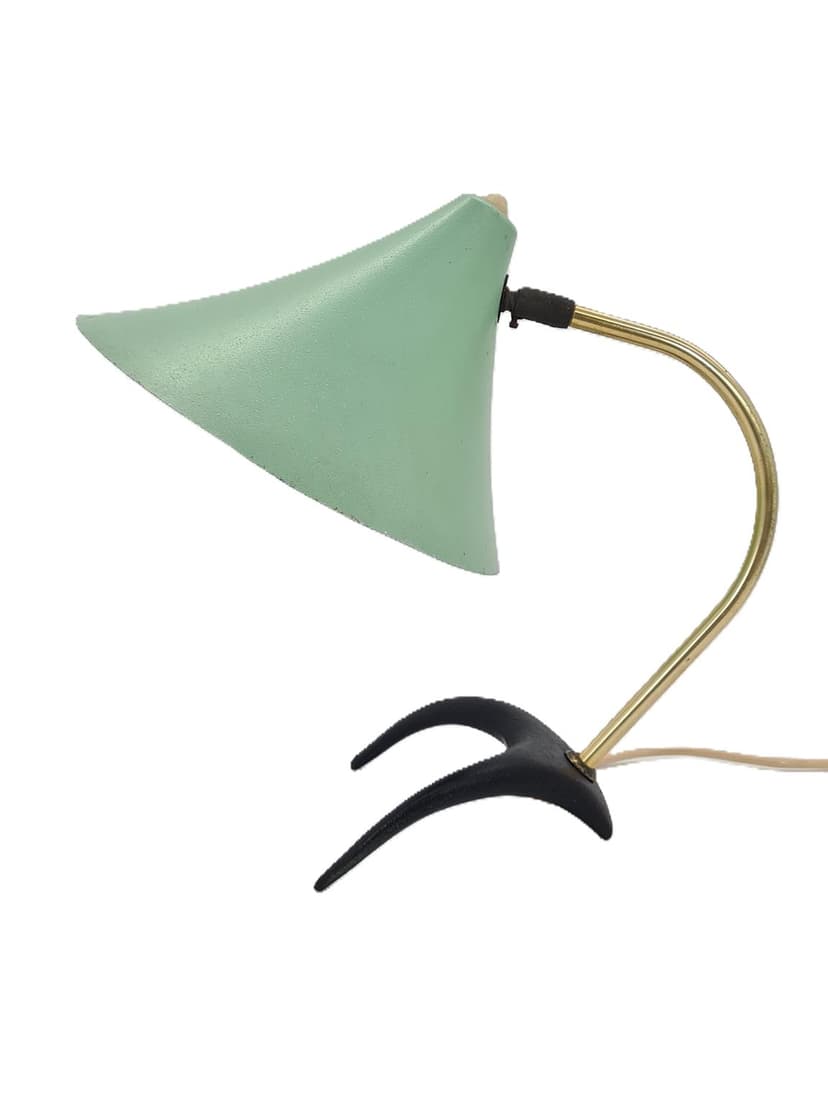 Lampka biurkowa Golf, aluminium miętowy, mosiądz złoty, żeliwo czarne, proj. L. Kalff, Philips, Holandia, lata 50.