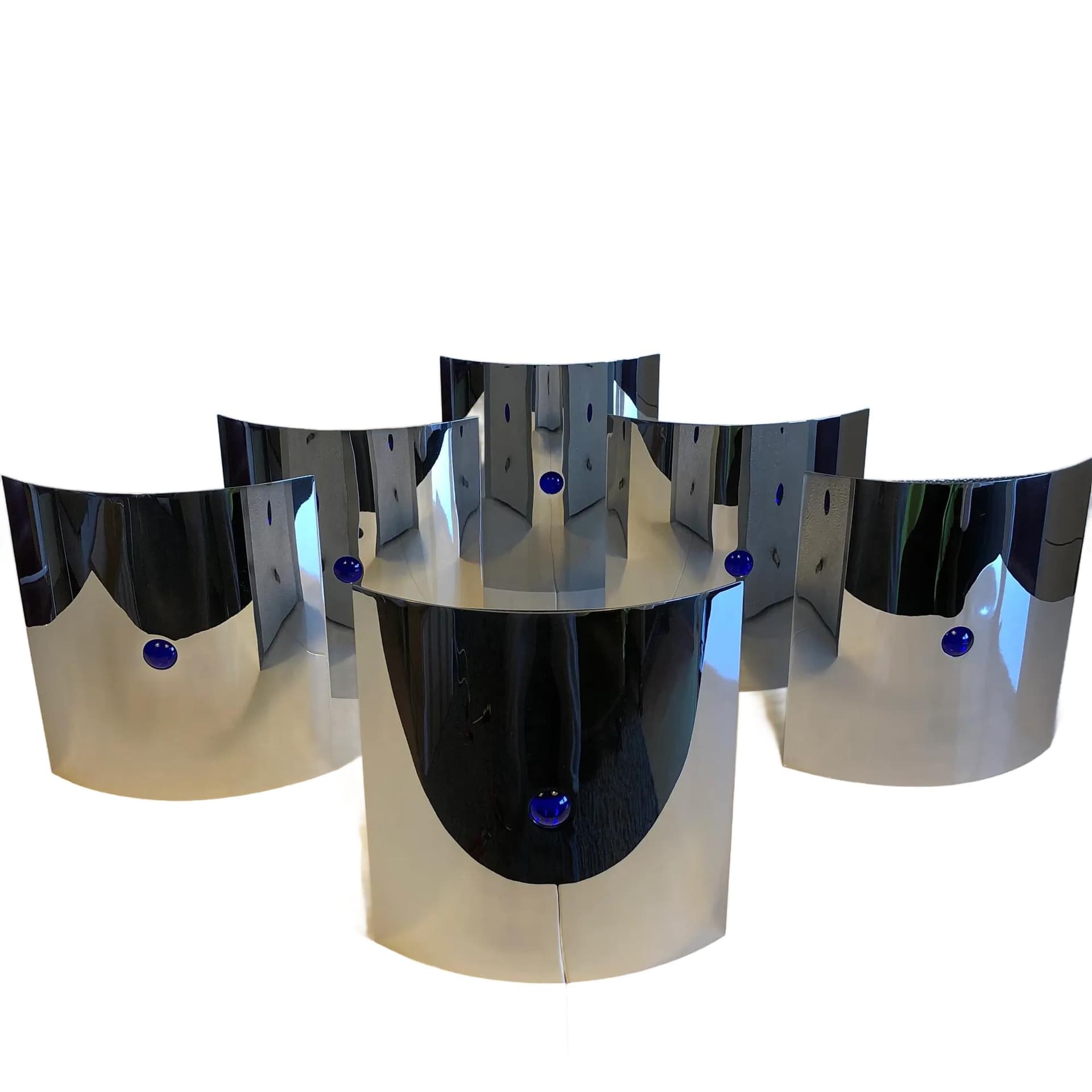 Set of modernist wall sconces, silver stainless steel, cobalt glass, Germany, 1990s