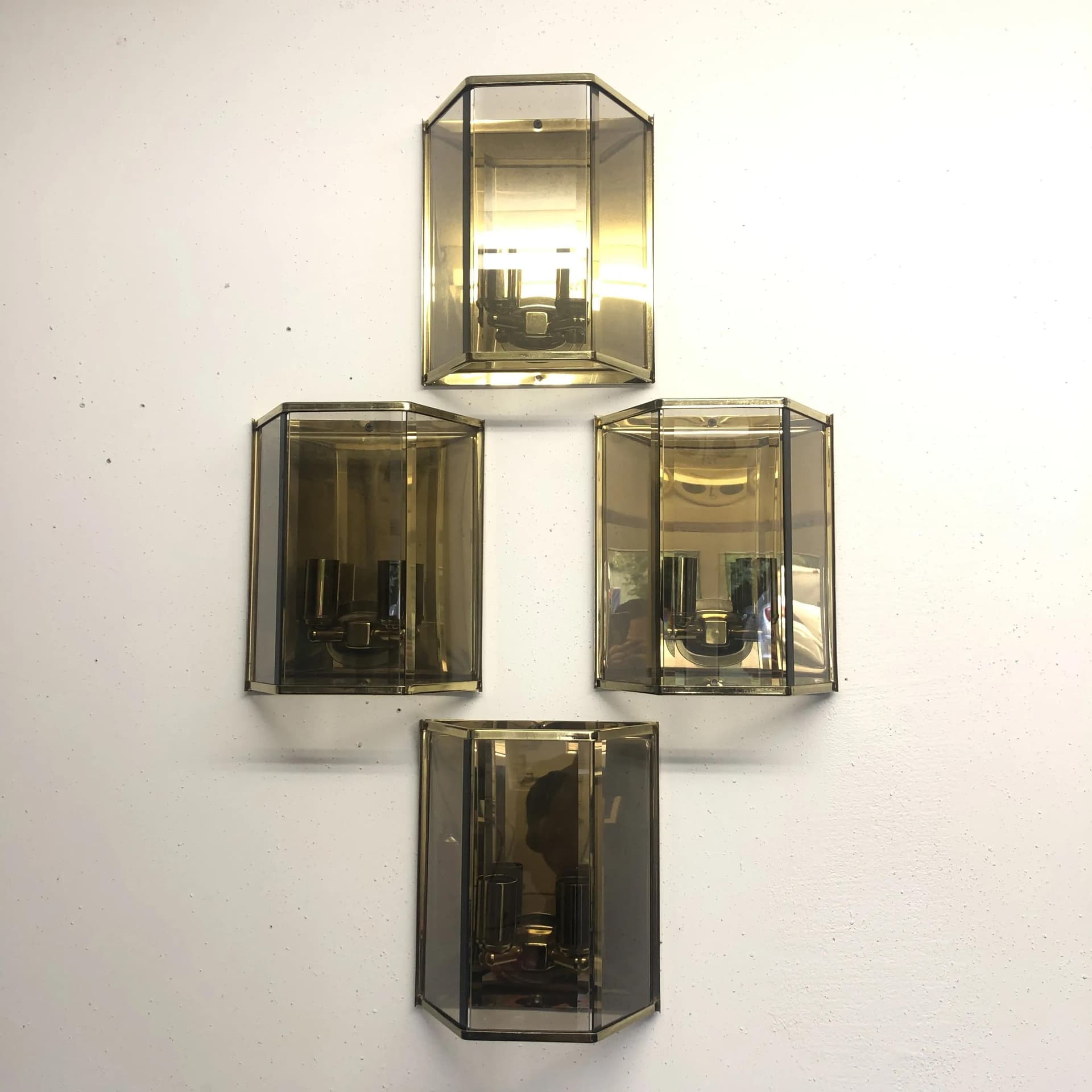 Komplet czterech kinkietów, złoty, mosiądz, Holtkötter, Niemcy, lata 70. - 16833