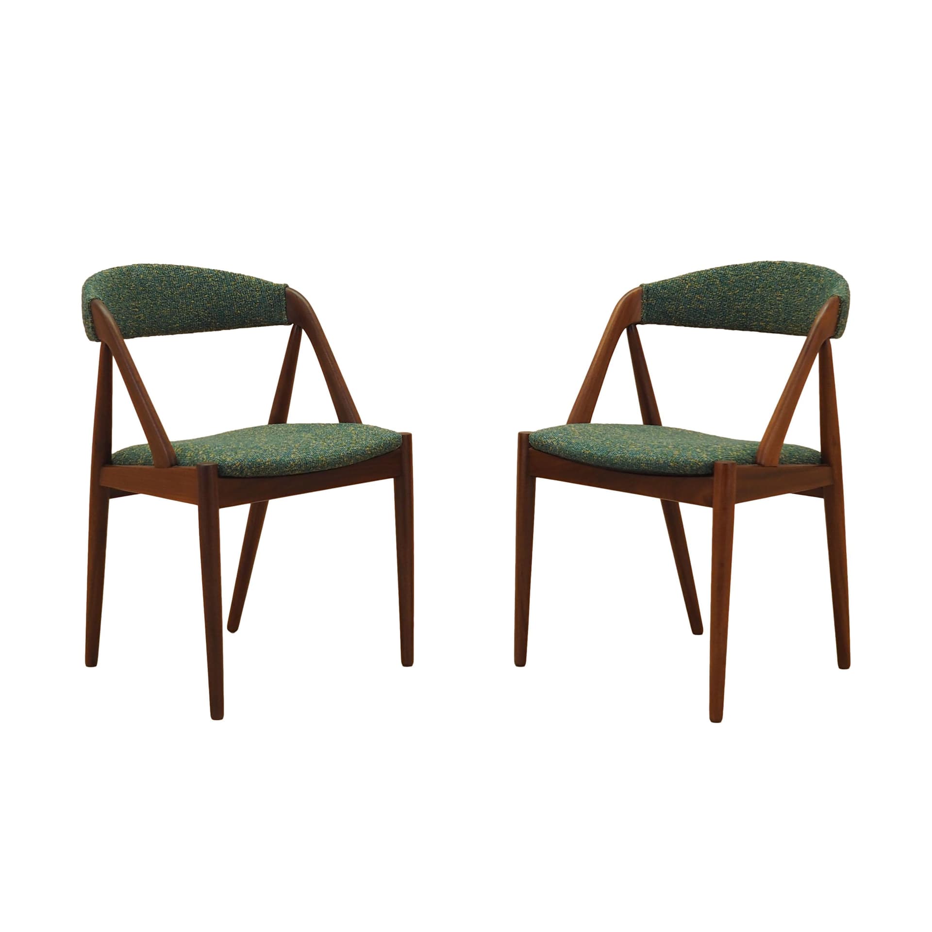 Komplet dwóch krzeseł, teak brązowy, tkanina zielona, proj. K. Kristiansen, Dania, lata 70.