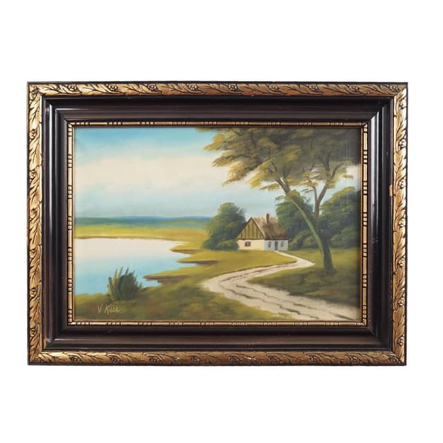 Painting Droga do domu, oil on canvas, frame wood brown gold, by V. Kier, Poland, 1970s. - DIMENSION