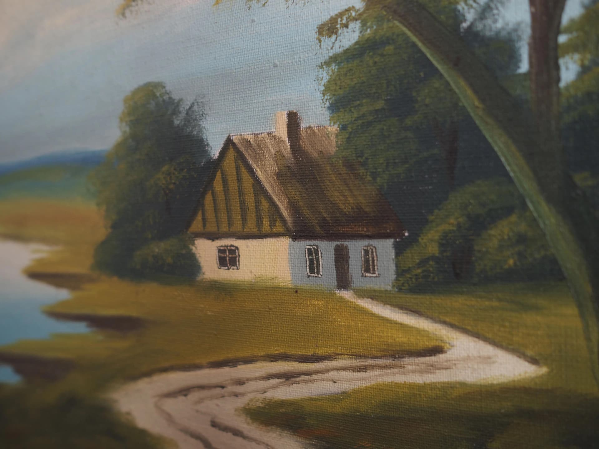 Painting Droga do domu, oil on canvas, frame wood brown gold, by V. Kier, Poland, 1970s. - 17480