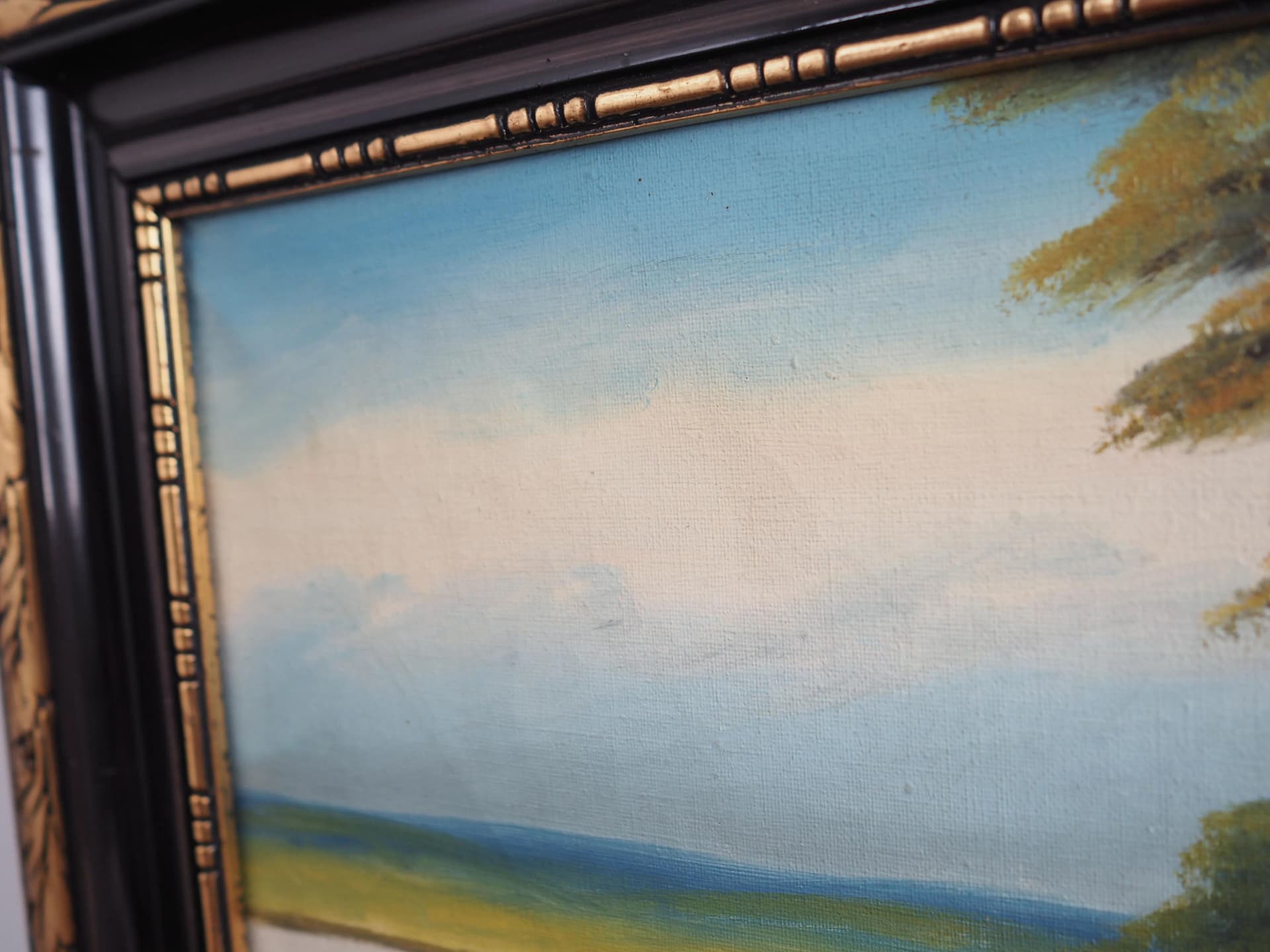 Painting Droga do domu, oil on canvas, frame wood brown gold, by V. Kier, Poland, 1970s. - 17479