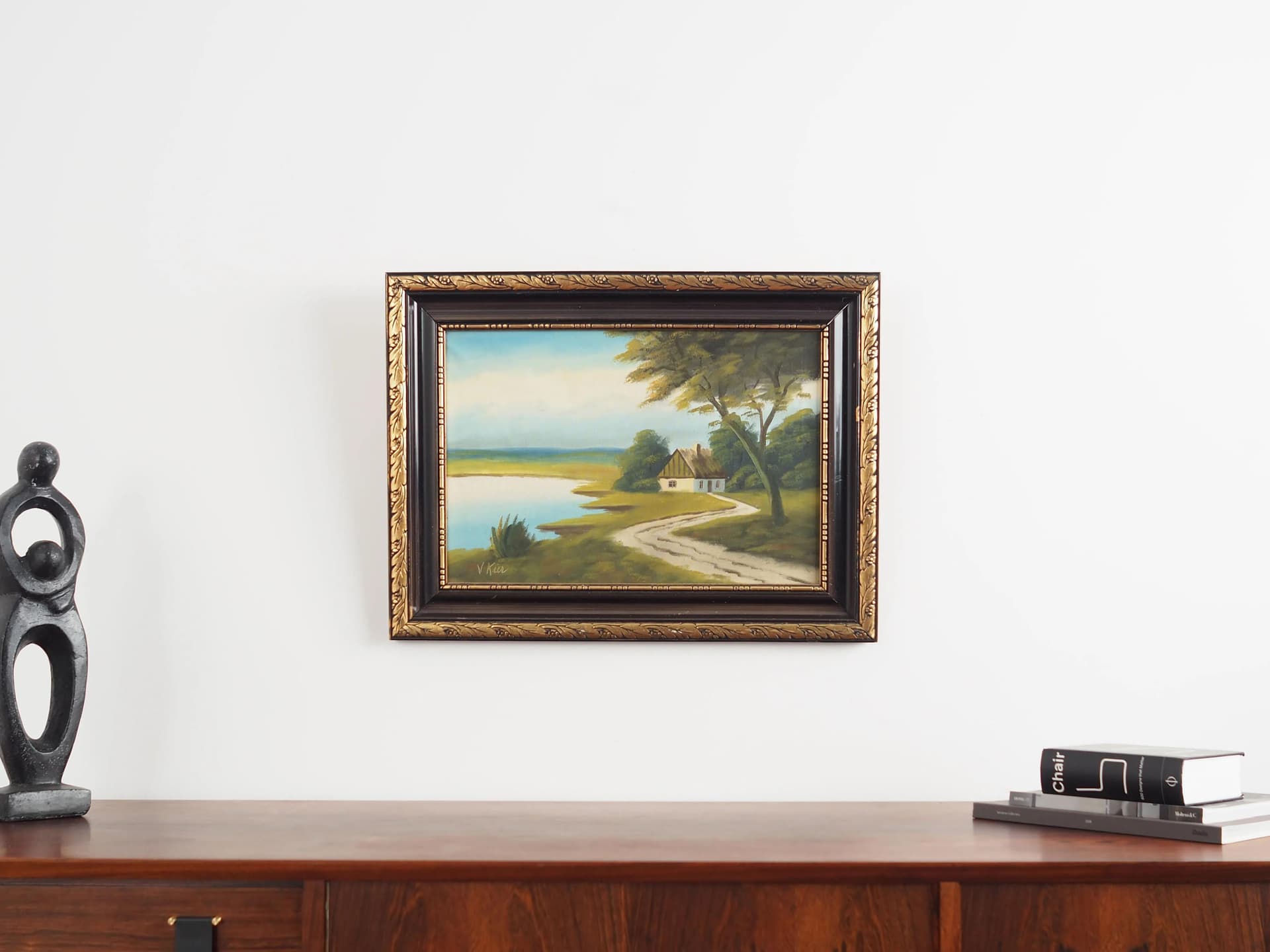 Painting Droga do domu, oil on canvas, frame wood brown gold, by V. Kier, Poland, 1970s. - 17476