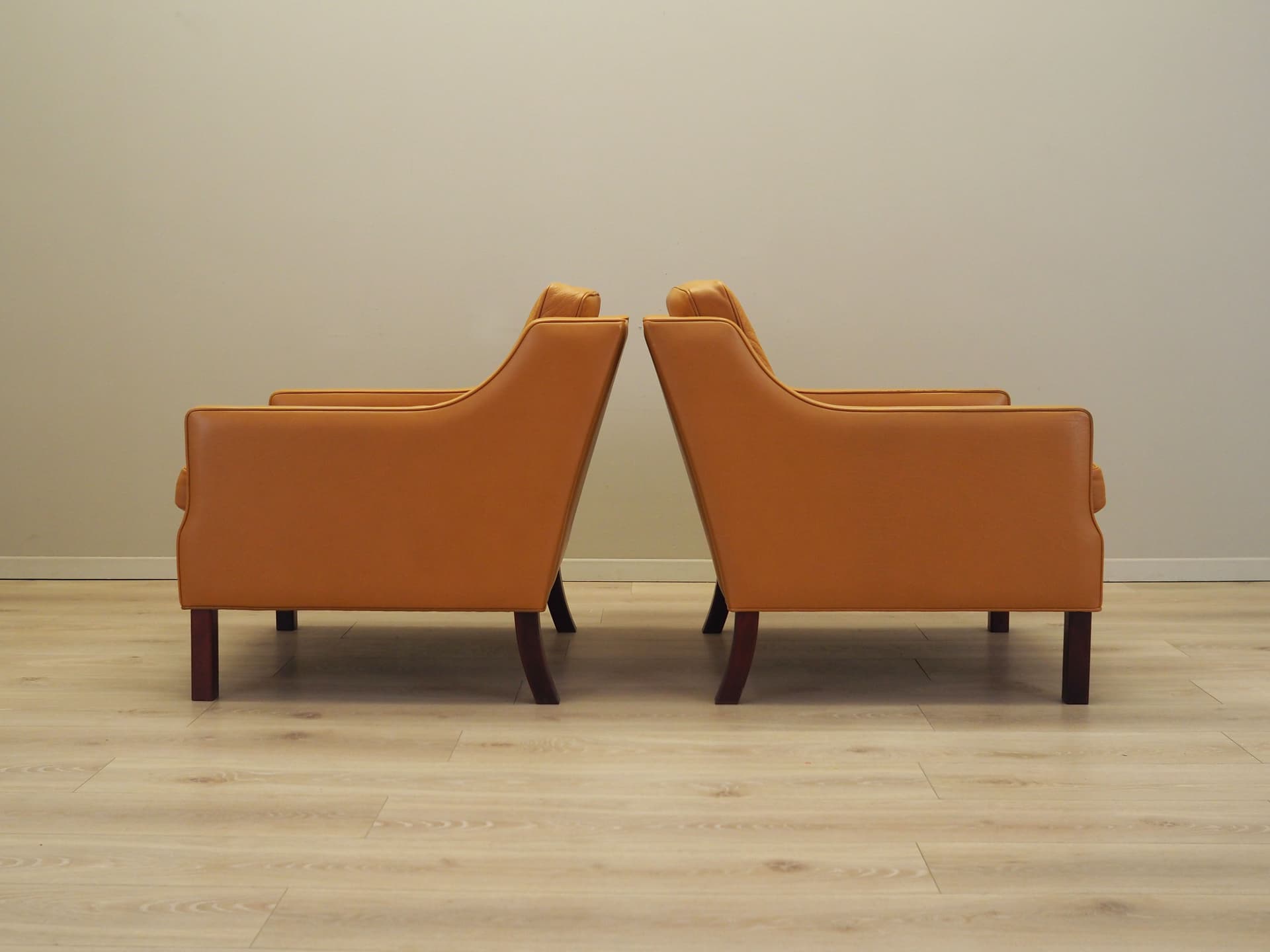 Set of Lounge Armchairs, yellow natural leather, beech, Denmark, 1970s. - 77514