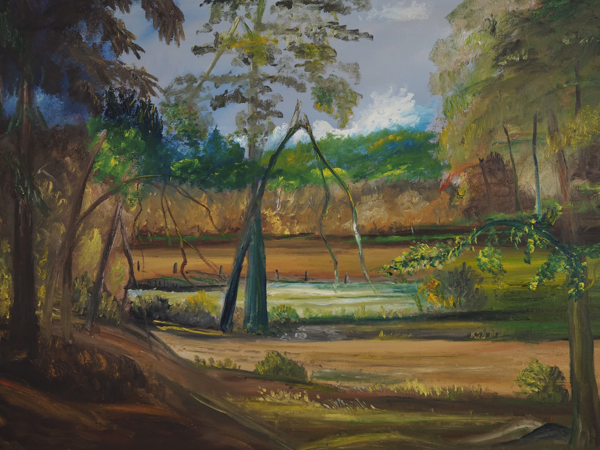 Obraz Złamane drzewo, zielony, olej na płótnie, Polska, lata 70. - 77530