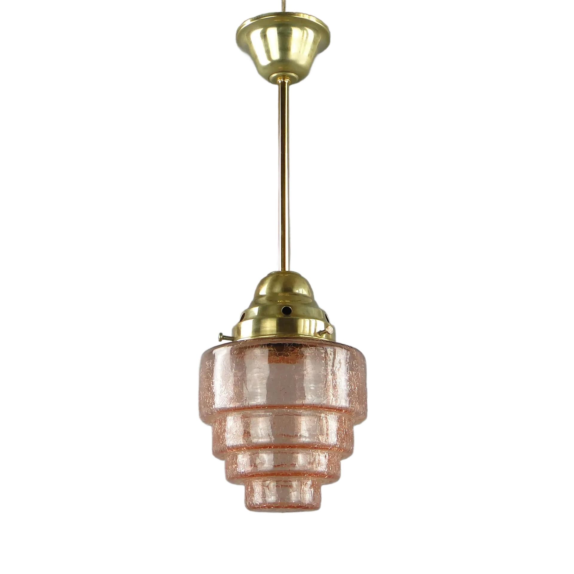 Lampa wisząca Art Deco, szkło różowy, mosiądz, Polska, lata 20.