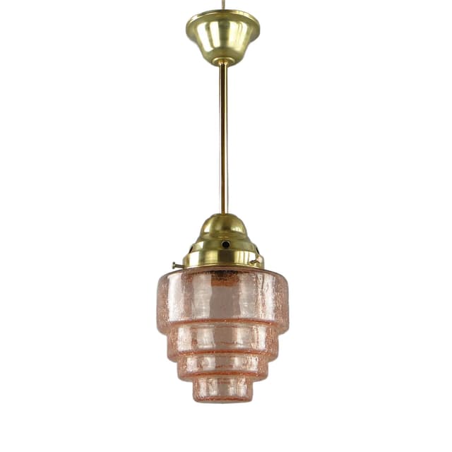 Lampa wisząca Art Deco, szkło różowy, mosiądz, Polska, lata 20. - WYMIARY