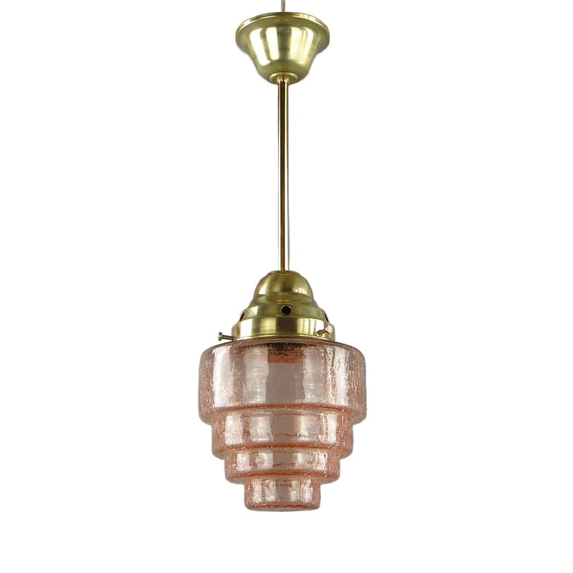 Lampa wisząca Art Deco, szkło różowy, mosiądz, Polska, lata 20.