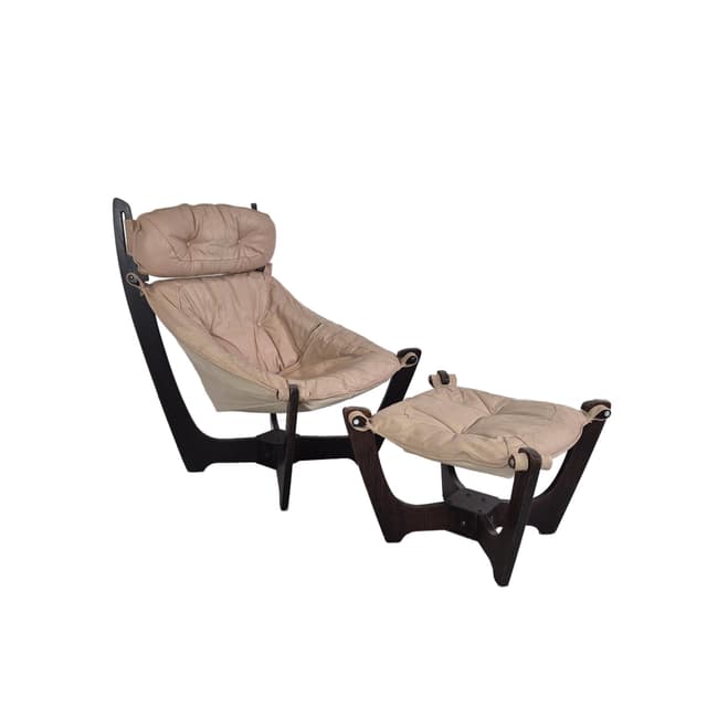 Fotel z podnóżkiem Luna, skóra beżowa, drewno ciemne, proj. O. Knutsen, Norwegia, lata 60. - WYMIARY