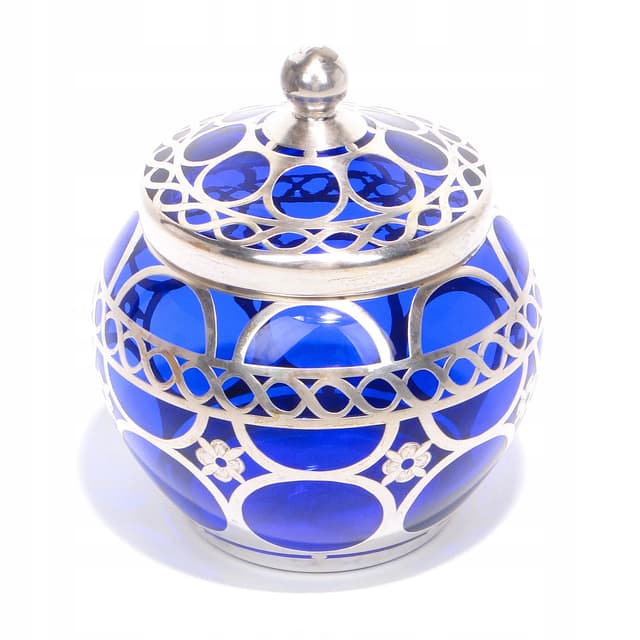 Bomboniera Art Deco, szkło kobaltowe, srebro, proj. J. Beck, Niemcy, lata 20. - WYMIARY