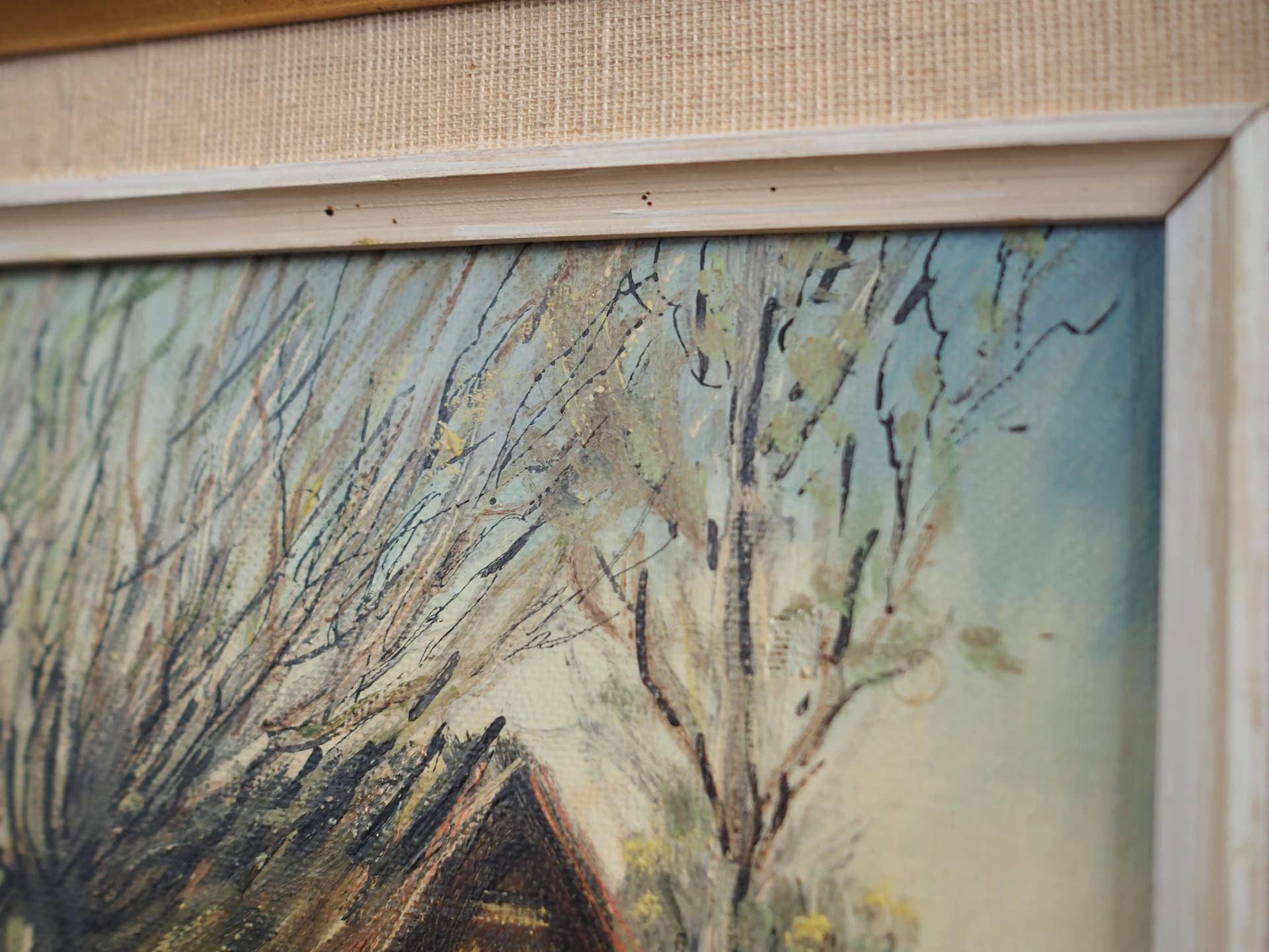 Painting Farm under Willows, Scandinavian design, brown, oil on canvas, wood, Scandinavia, 1960s. - 17237