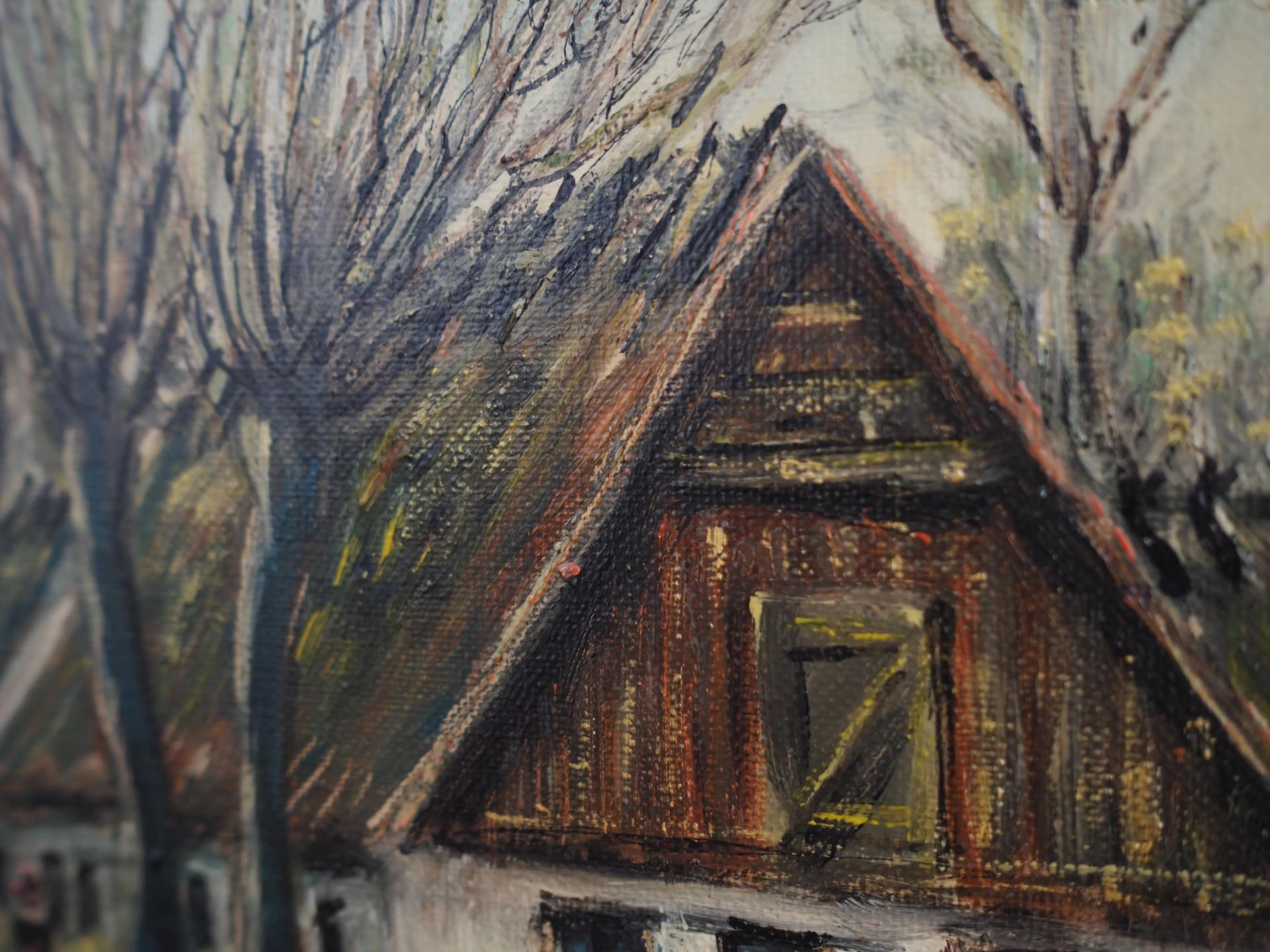 Painting Farm under Willows, Scandinavian design, brown, oil on canvas, wood, Scandinavia, 1960s. - 17241