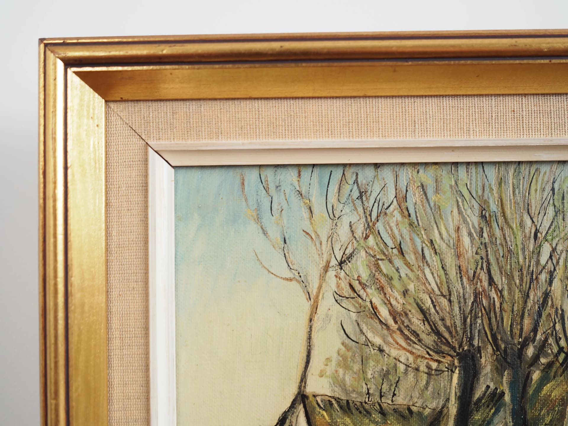 Painting Farm under Willows, Scandinavian design, brown, oil on canvas, wood, Scandinavia, 1960s. - 17240
