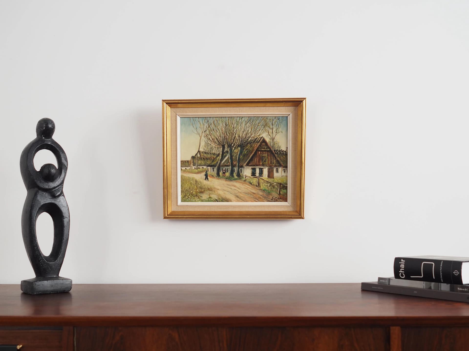 Painting Farm under Willows, Scandinavian design, brown, oil on canvas, wood, Scandinavia, 1960s. - 17233