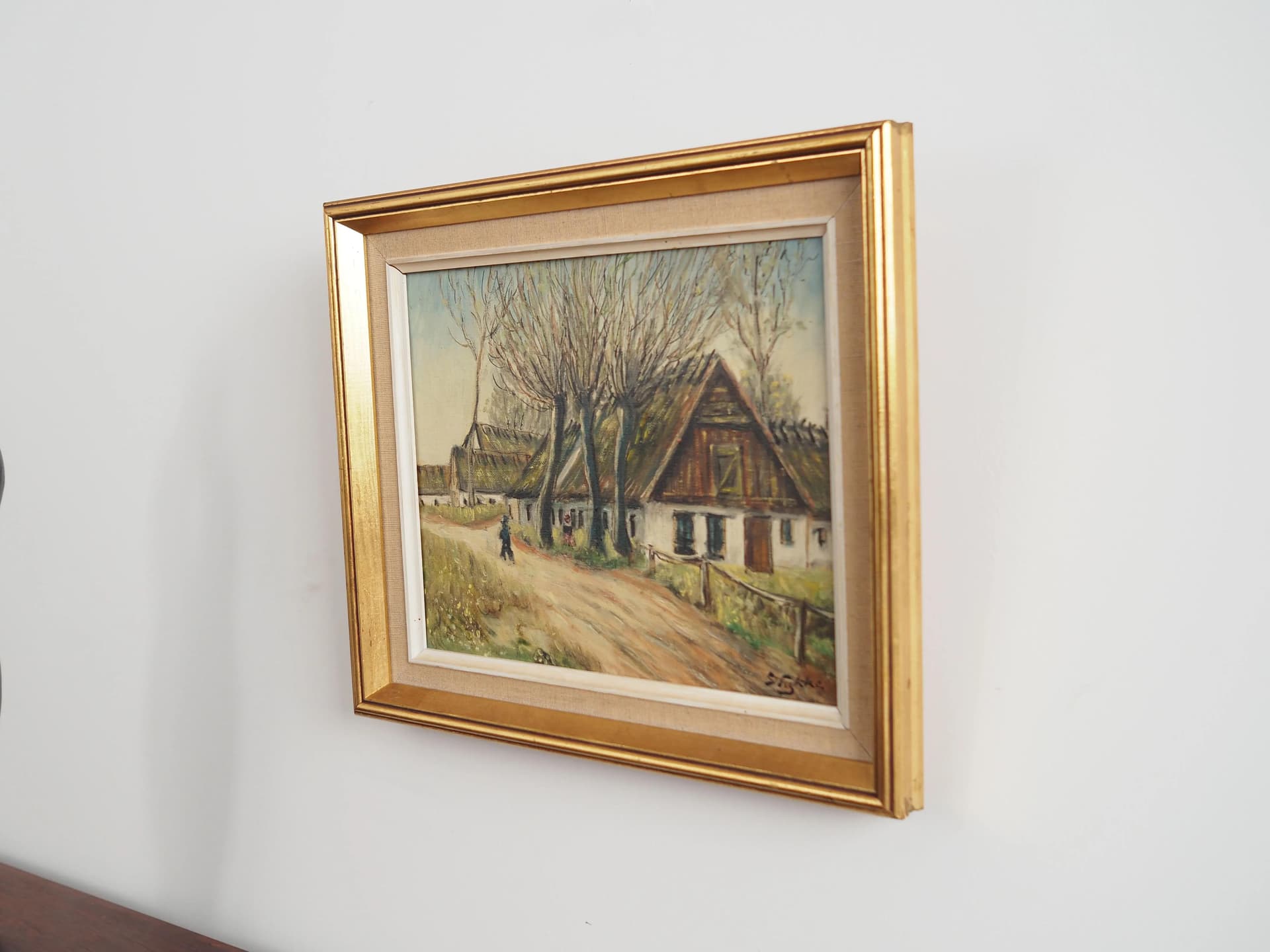 Painting Farm under Willows, Scandinavian design, brown, oil on canvas, wood, Scandinavia, 1960s. - 17235