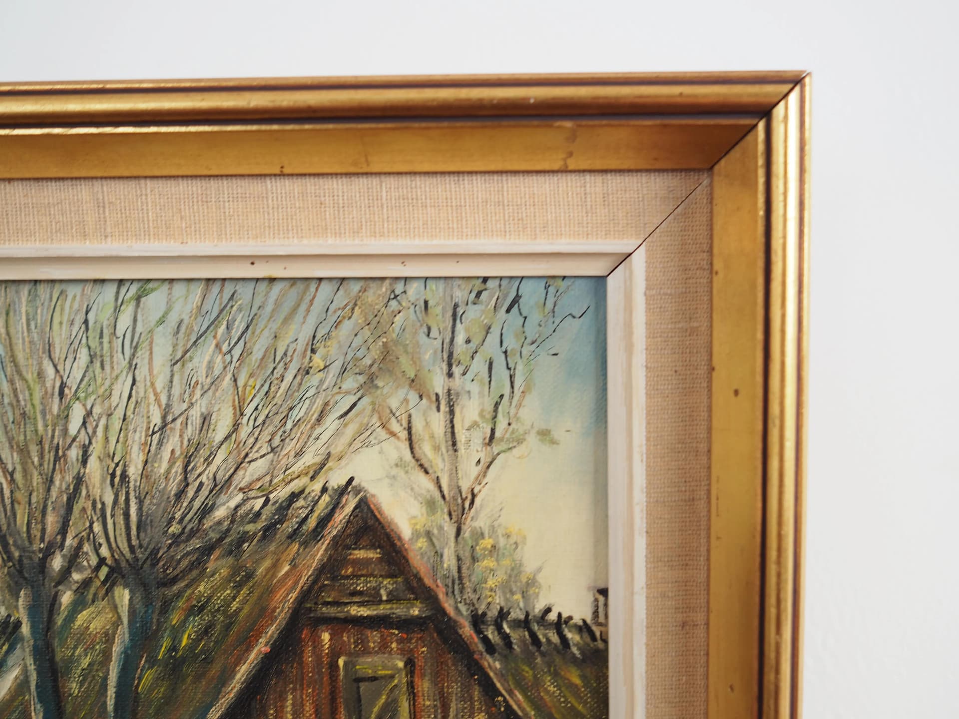 Painting Farm under Willows, Scandinavian design, brown, oil on canvas, wood, Scandinavia, 1960s. - 17238