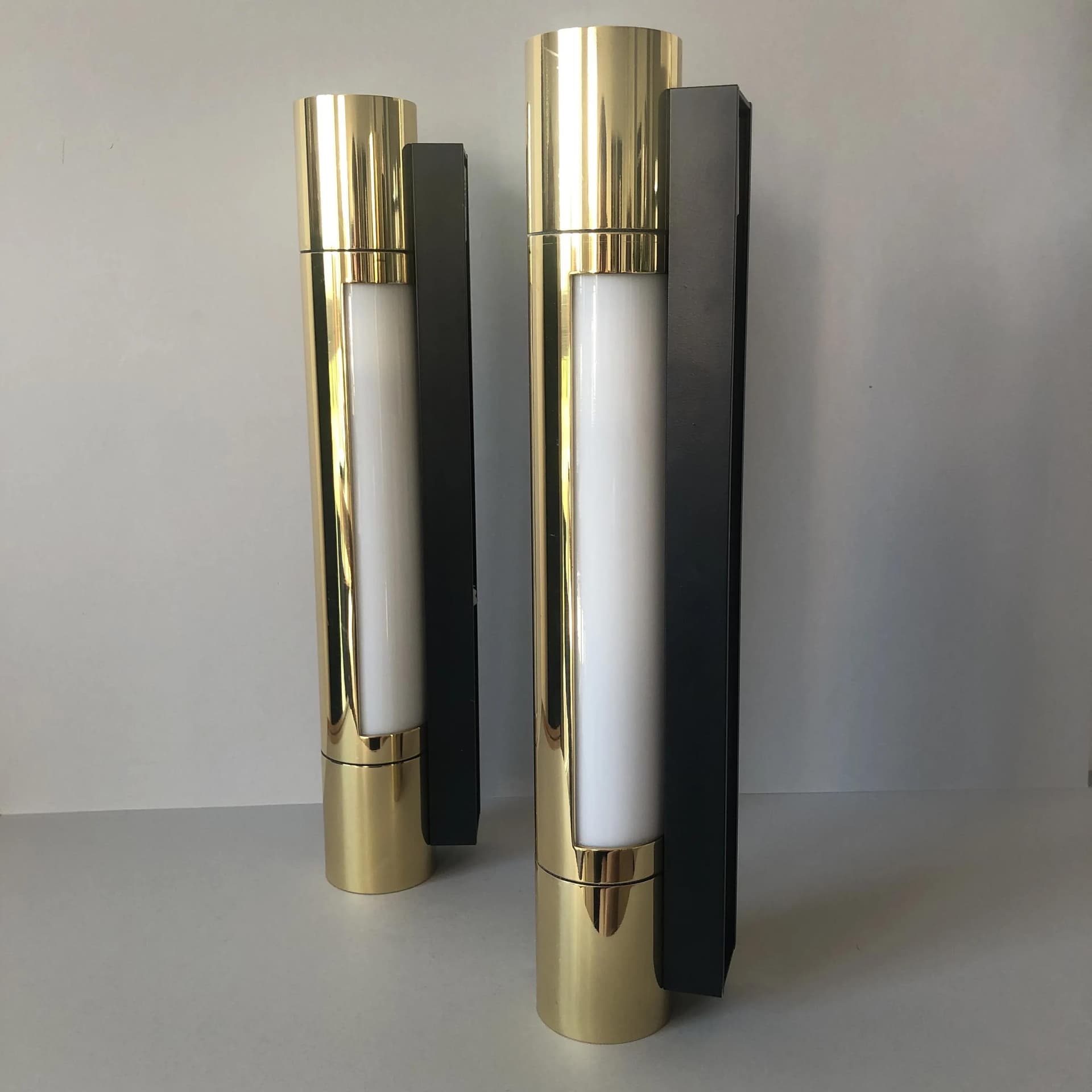 Pair of wall sconces 7134, golden brass, opaline glass, Glashutte Limburg, Germany, 1980s. - 17606