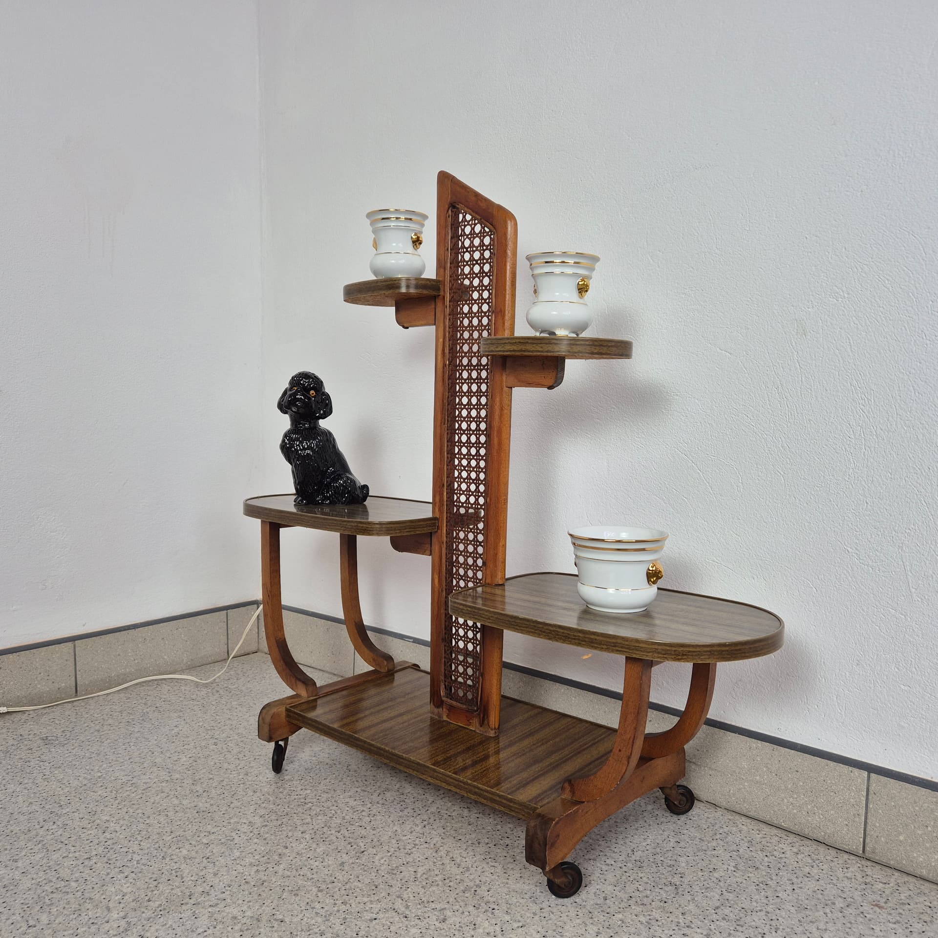 Kwietnik piętrowy, plecionka wiedeńska brąz, drewno, Niemcy, lata 50. - 243270