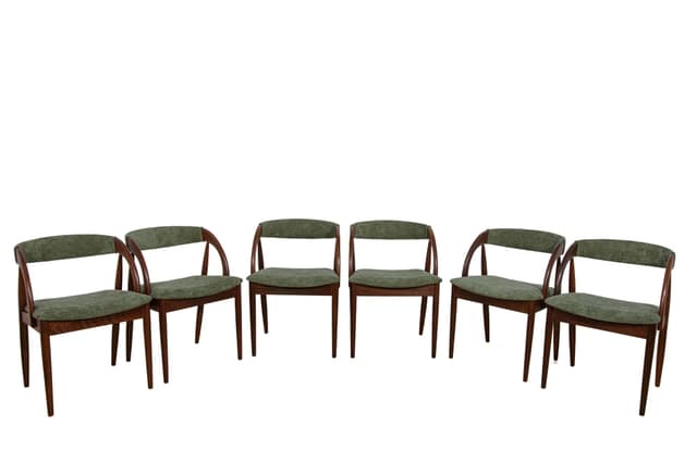 Komplet sześciu krzeseł, teak brązowy, tkanina syntetyczna zielona, Dania, lata 60. - WYMIARY