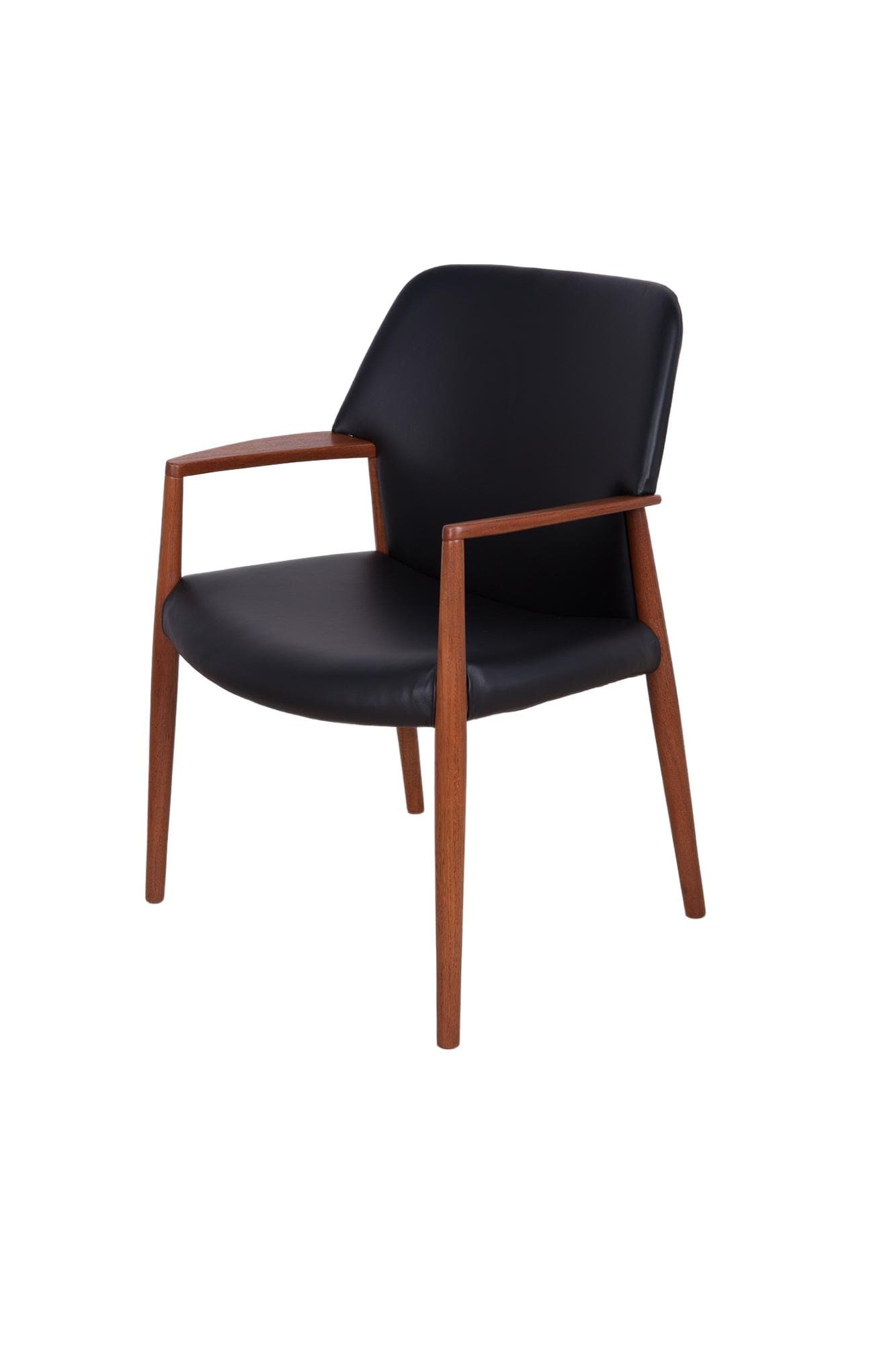 Fotel, teak, skóra czarna, proj. A. B. Madsen, E. Larsen, Fritz Hansen, Dania, lata 50.