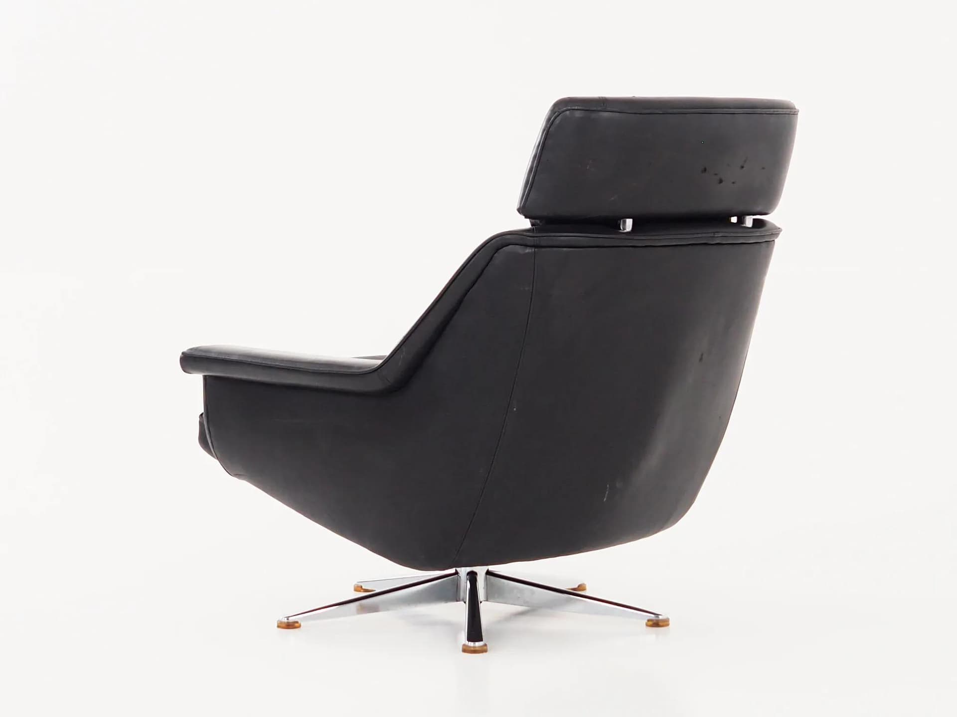 Swivel chair, black leather, chromed steel, by W. Langenfeld, Denmark, 1970s - 17856