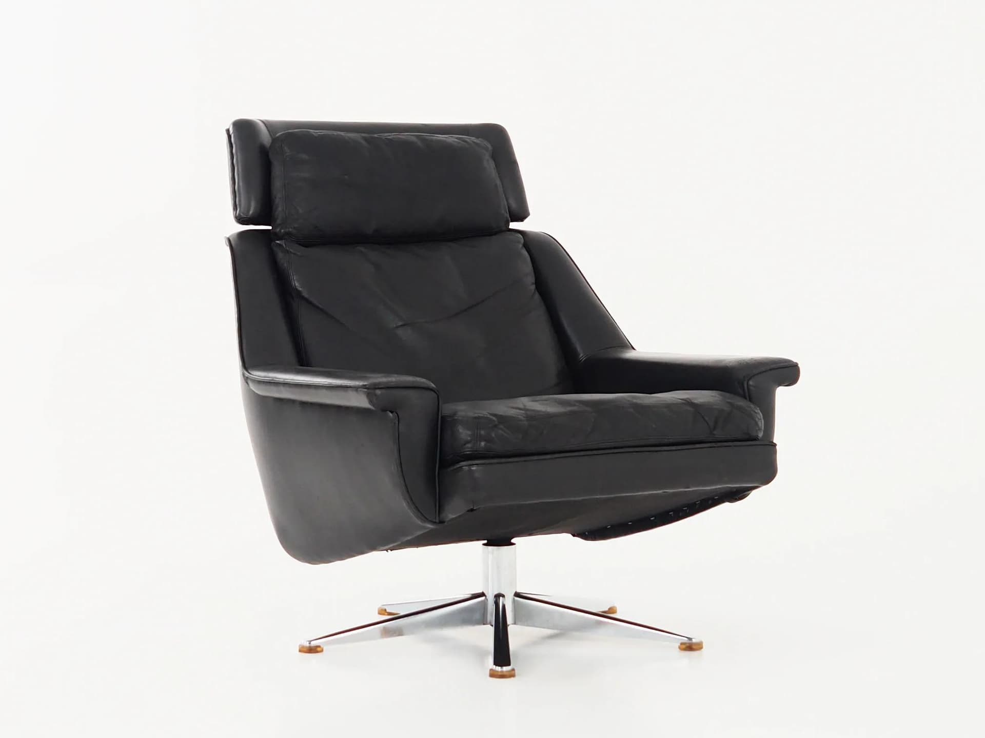 Swivel chair, black leather, chromed steel, by W. Langenfeld, Denmark, 1970s - 17854