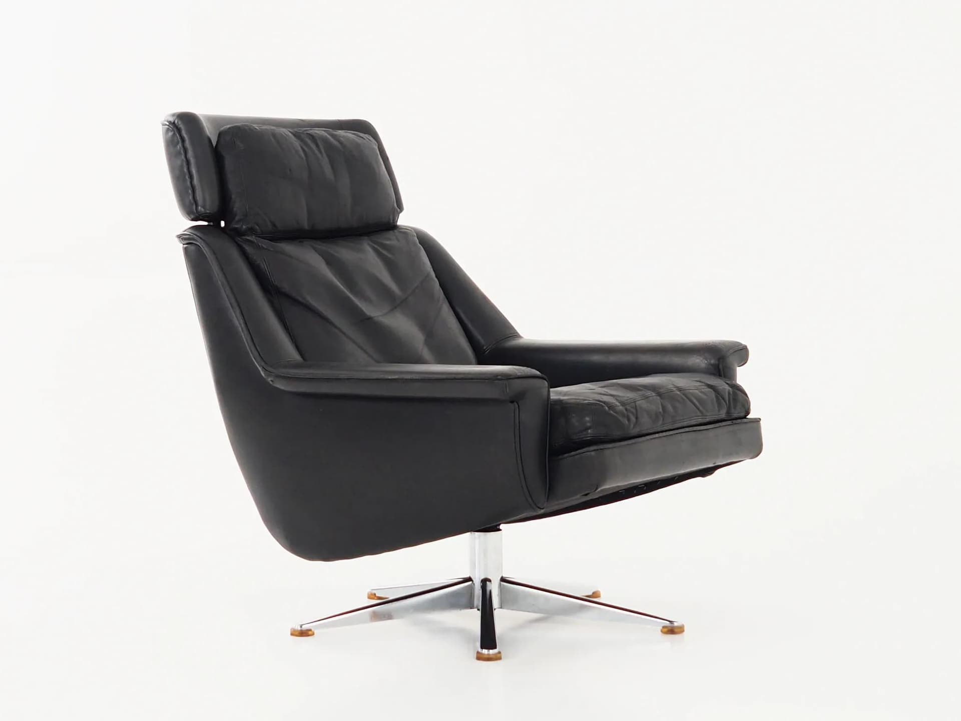 Swivel chair, black leather, chromed steel, by W. Langenfeld, Denmark, 1970s - 17855