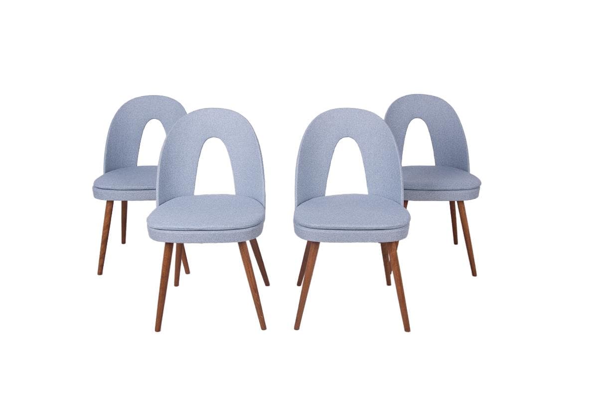 Set of four chairs, blue upholstery, oak wood, by A. Suman, Tatra Nabytok, Czechoslovakia, 1960s.