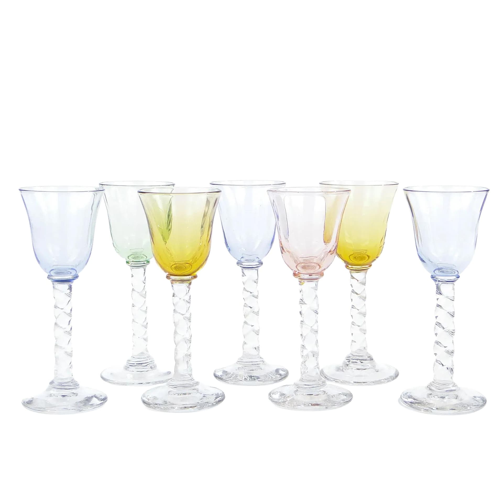 Set of liqueur glasses Art Nouveau, multicolor, glass, Czechoslovakia, early 20th c.