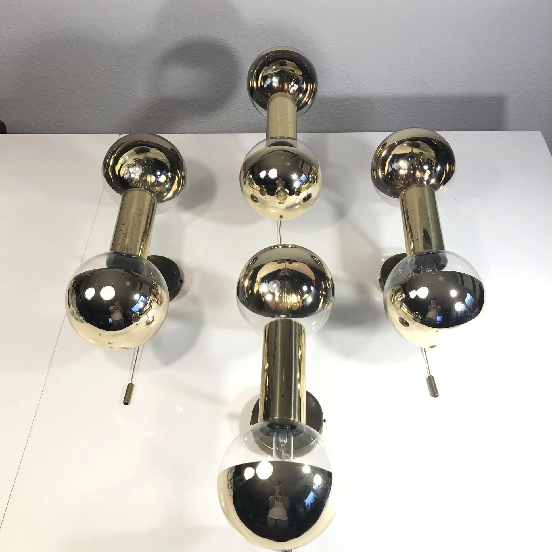 Set of wall sconces, gilded brass, glass, by M. Ishi, Staff Leuchten, Germany, 1970s. - 18160