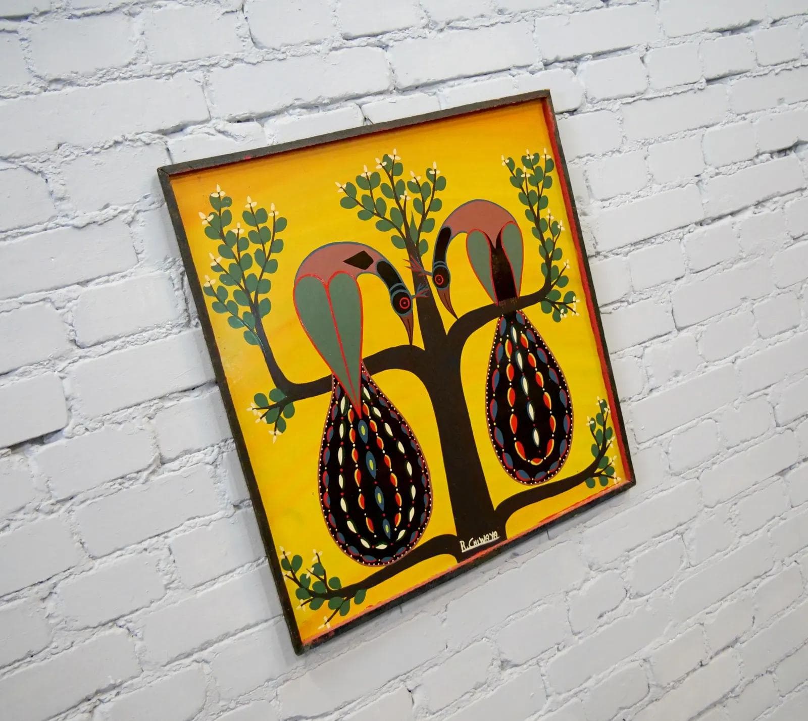 Painting Two Peacocks, Tingatinga school, multicolor, oil on board, by R. Chiwaya, Tanzania, 1970s. - 18446