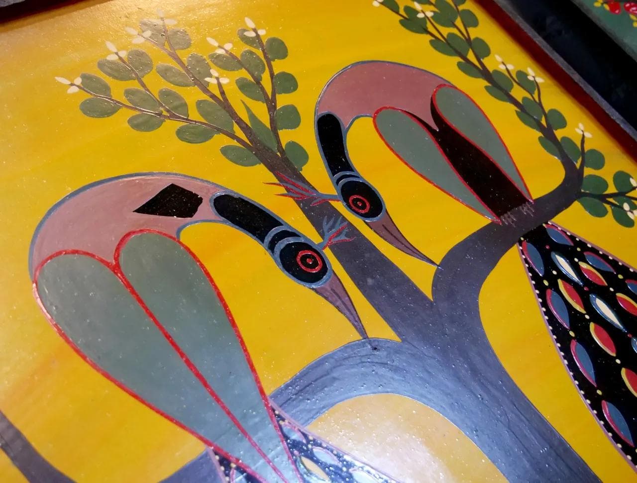 Painting Two Peacocks, Tingatinga school, multicolor, oil on board, by R. Chiwaya, Tanzania, 1970s. - 18440