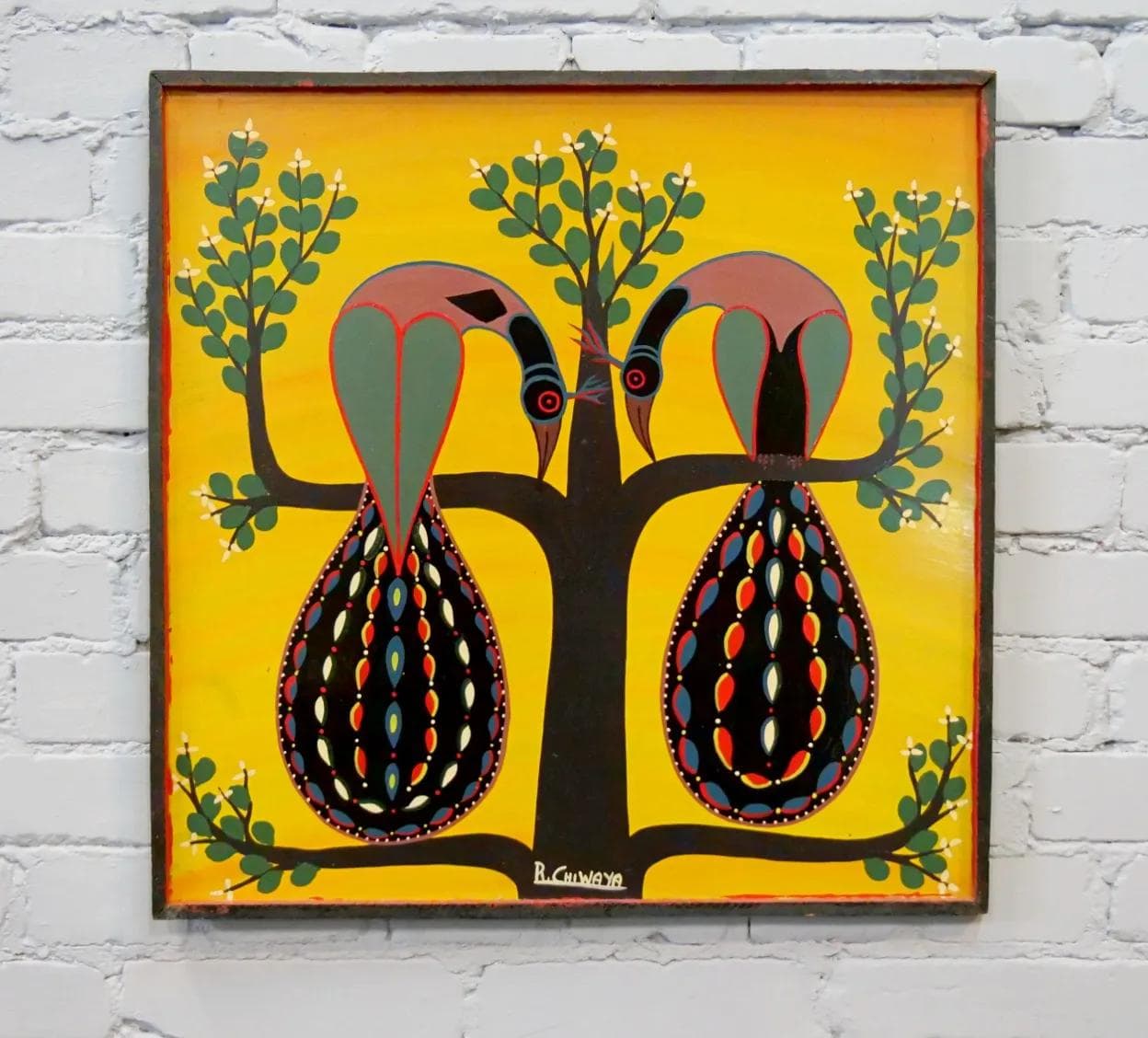 Painting Two Peacocks, Tingatinga school, multicolor, oil on board, by R. Chiwaya, Tanzania, 1970s. - 18443