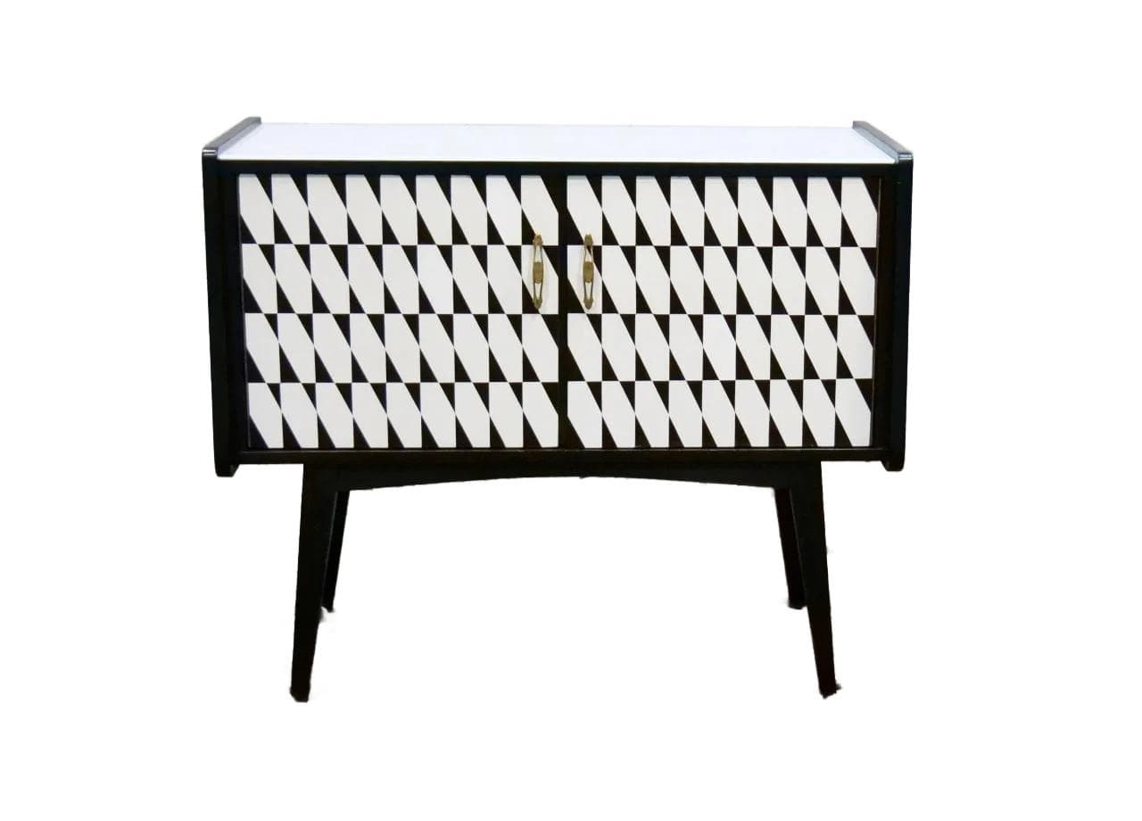 Komoda modernistyczna, czarna biała, drewno szkło, Polska, lata 70.