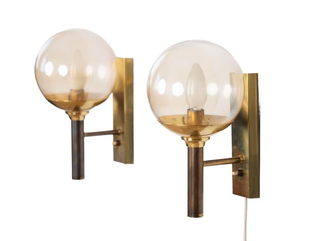 Pair of wall sconces, gold brass, transparent glass, by J. Hammerborg, Fog & Mørup, Sweden, 1960s. - DIMENSION