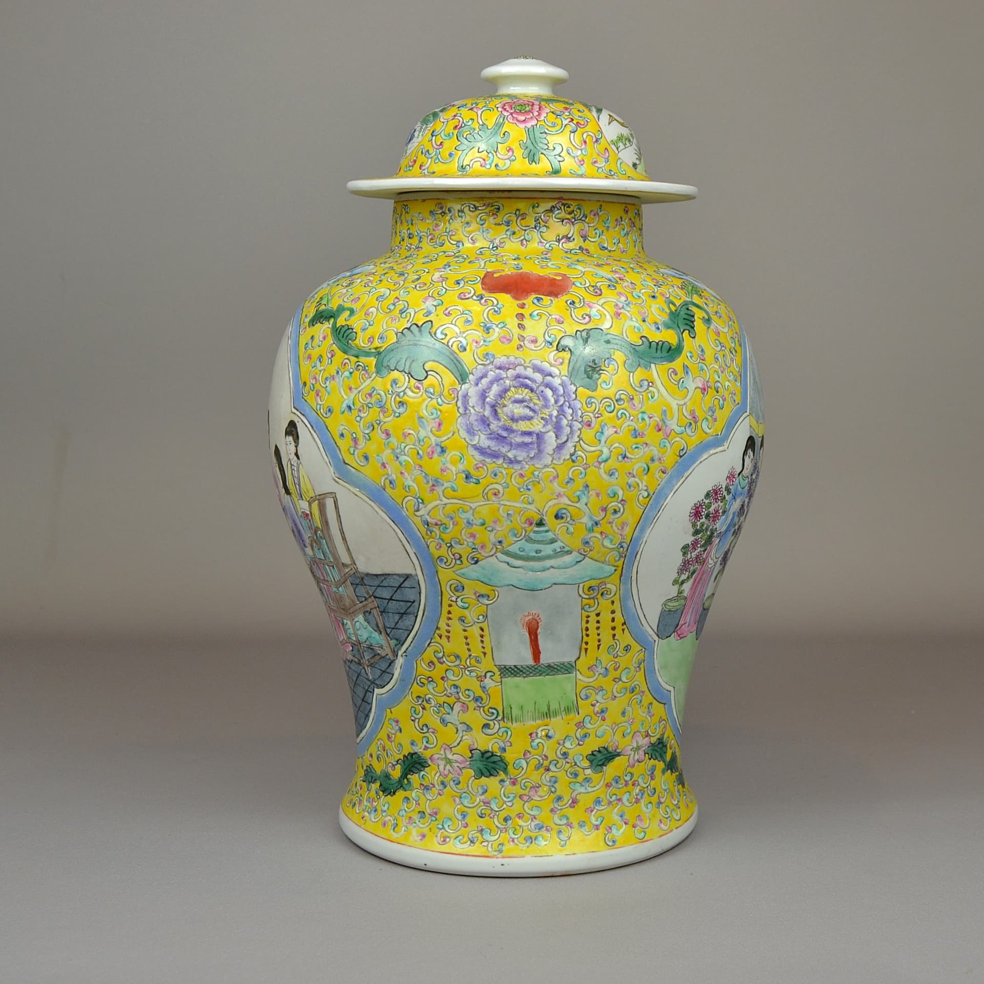 Waza kolumnowa z pokrywą, Famille Jaune, żółty, porcelana, Chiny, lata 80. - 79334