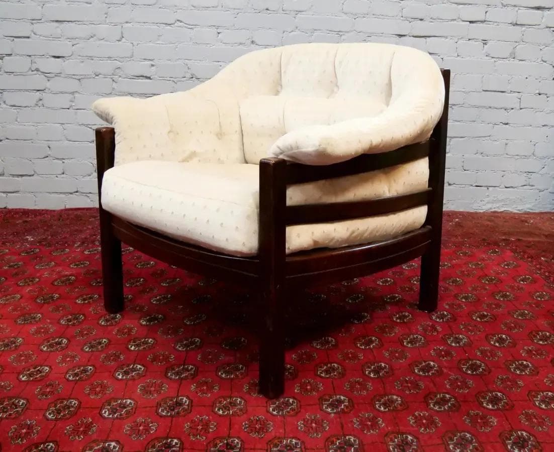 Armchair, dark brown rosewood, beige plush, by A. Norell, for Vatne Møbler, Norway, 1960s - 18847